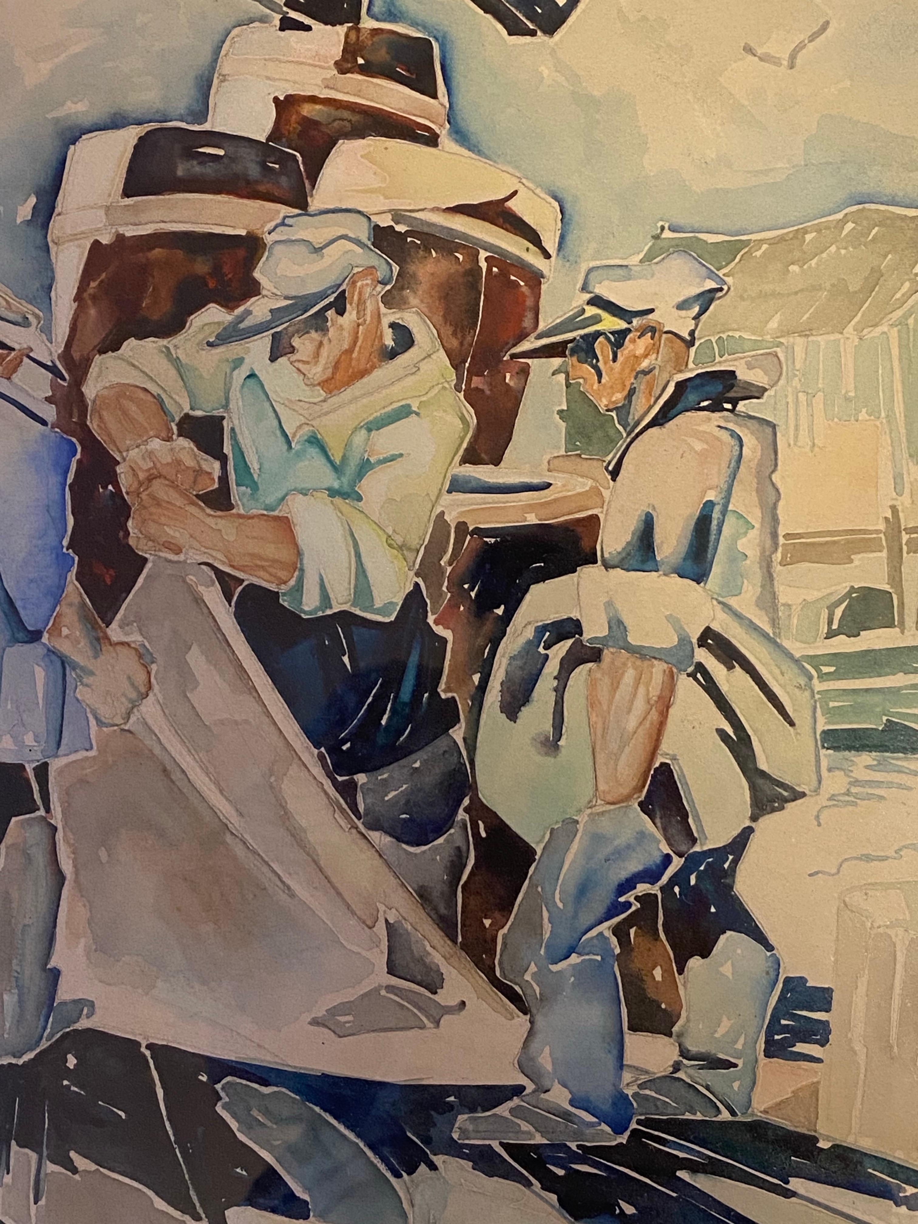 Tending the Nets a c1930 WPA era watercolor by Sculptor and Painter Albert Wein. (Mitte des 20. Jahrhunderts) im Angebot