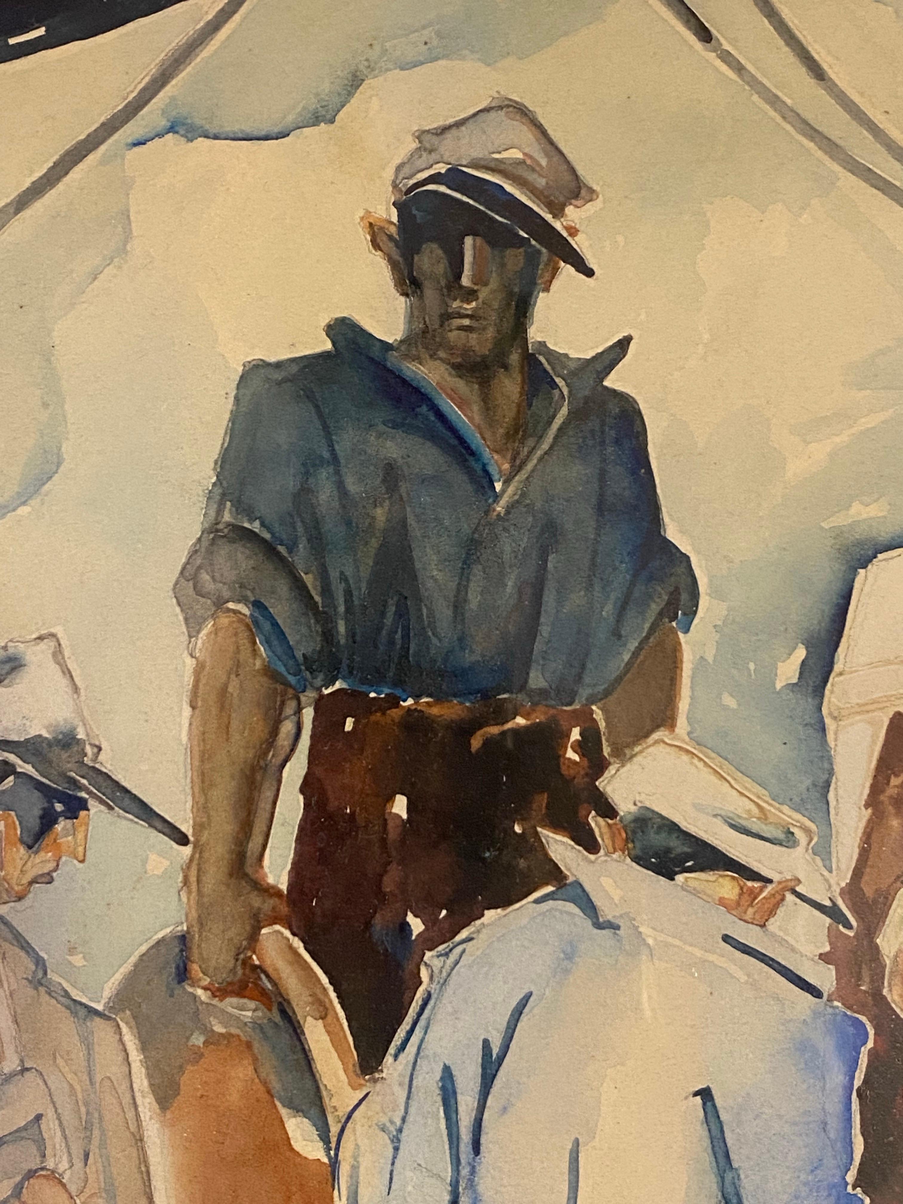 Tending the Nets a c1930 WPA era watercolor by Sculptor and Painter Albert Wein. (Glas) im Angebot