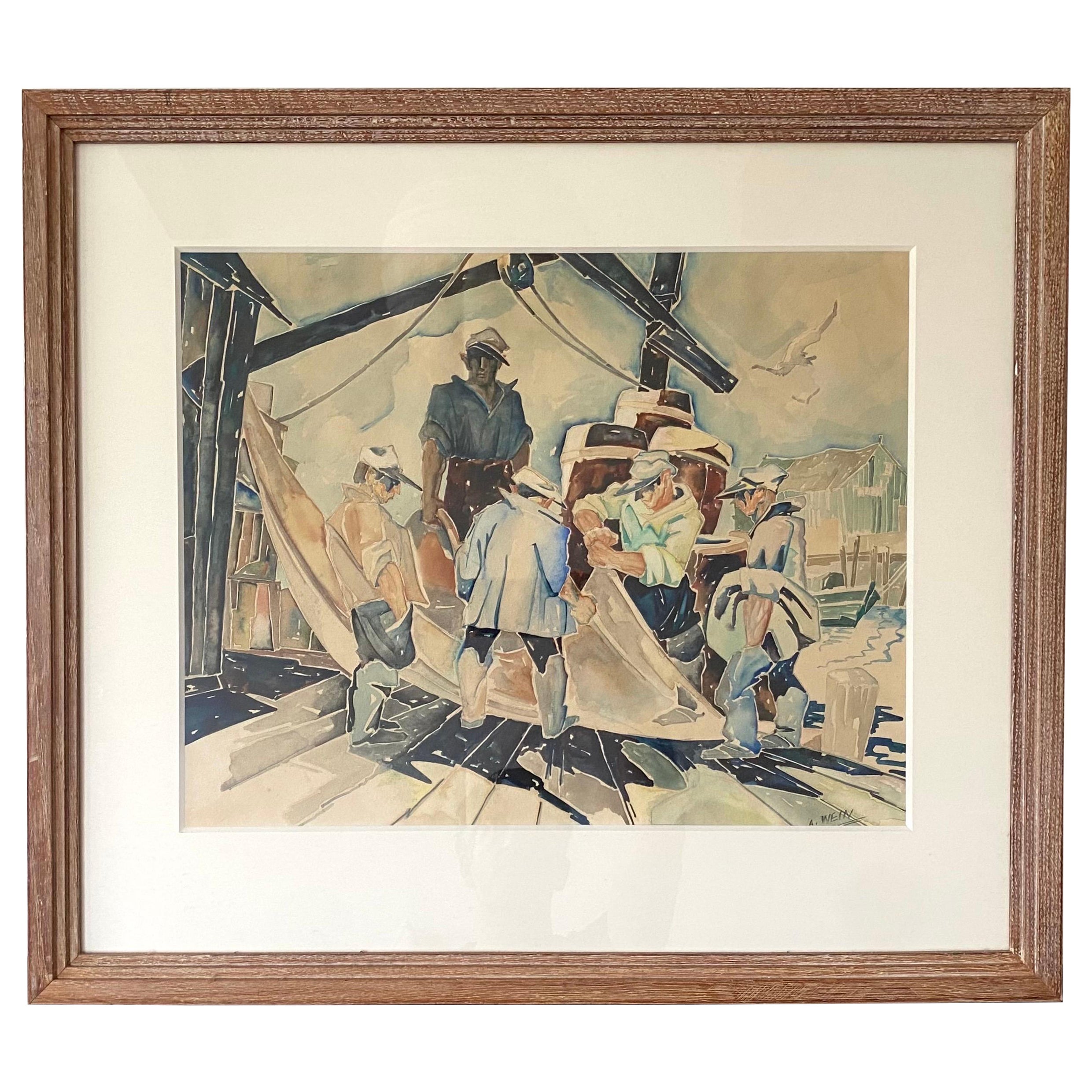 Tending the Nets a c1930 WPA era watercolor by Sculptor and Painter Albert Wein.