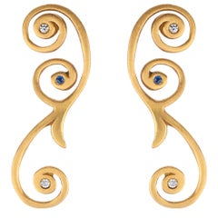 Tendril Drop Post Earrings with Diamond and Royal Blue Sapphires in Gold