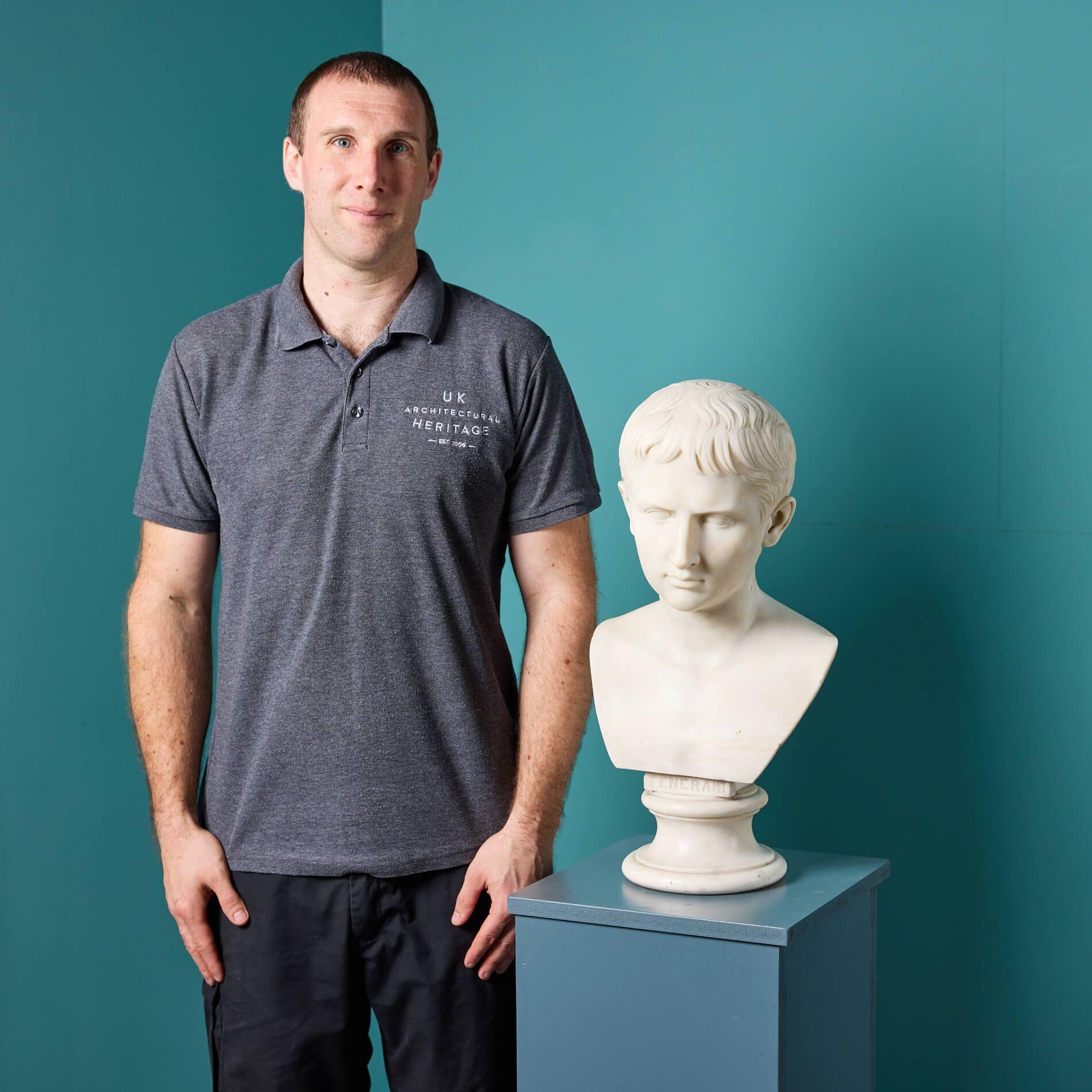 A finely carved statuary white marble bust of a young Augustus Caesar attributed to the workshops of 19th century Italian sculptor Pietro Tenerani (1789-1869). Also known as Young Octavian, this bust of a young Roman Emperor Augustus Caesar is after