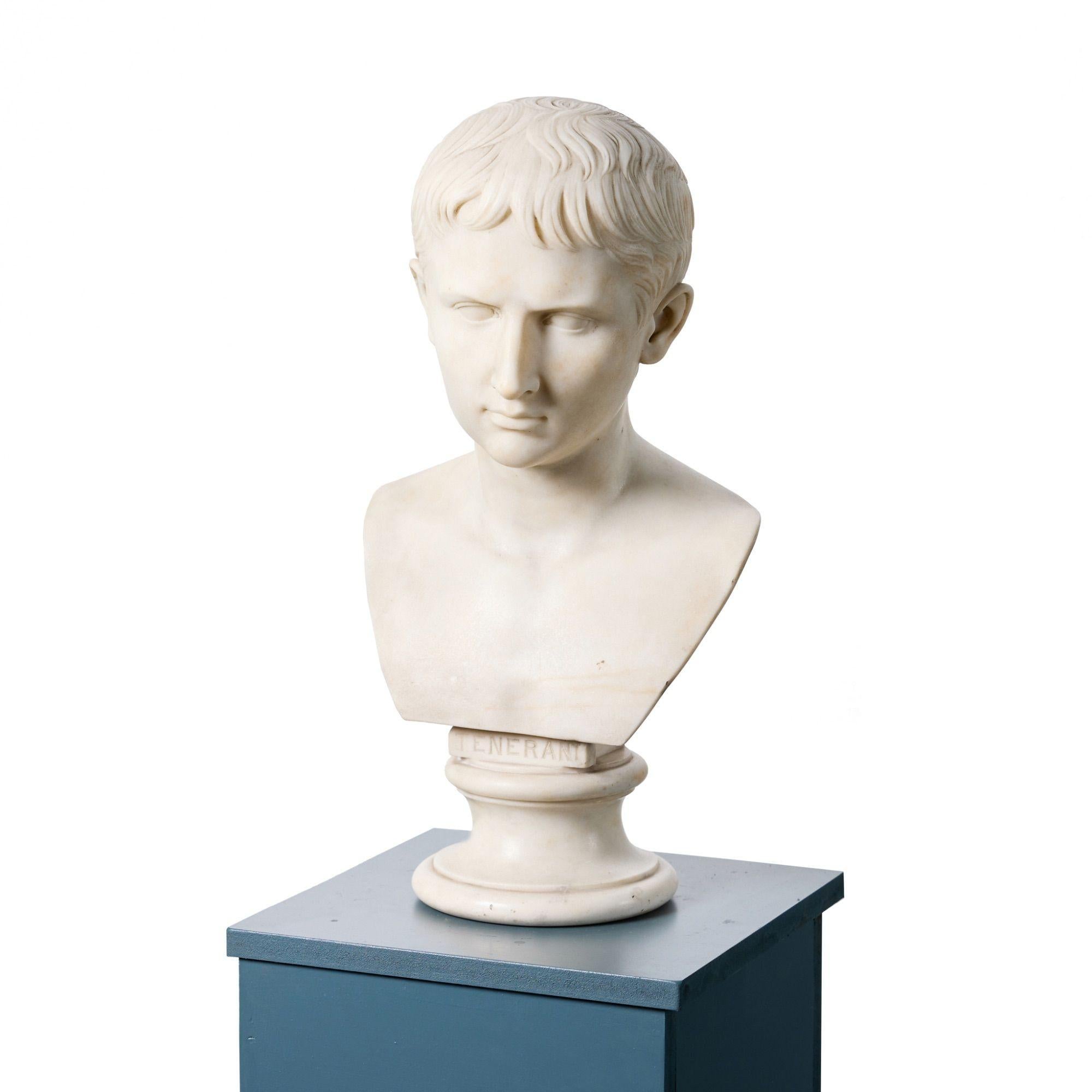 19th Century Tenerani Statuary Marble Bust of a Young Augustus Caesar For Sale