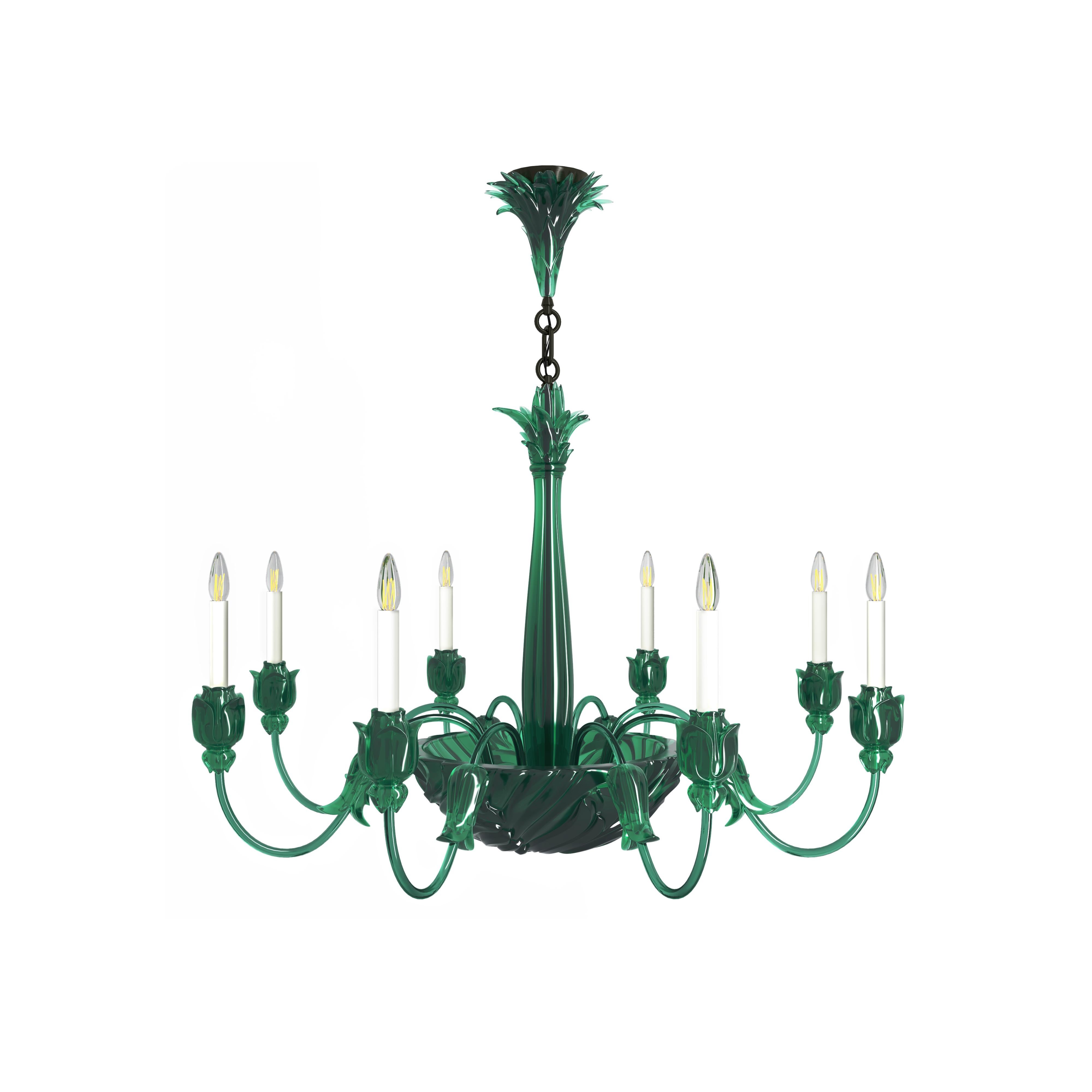 A single-tiered, eight-light chandelier in a colorful transparent emerald resin, designed by David Duncan. This chandelier features an elegant shell formed dish, which is secured on the underside by an over-sized finial. The dish issues candle arms