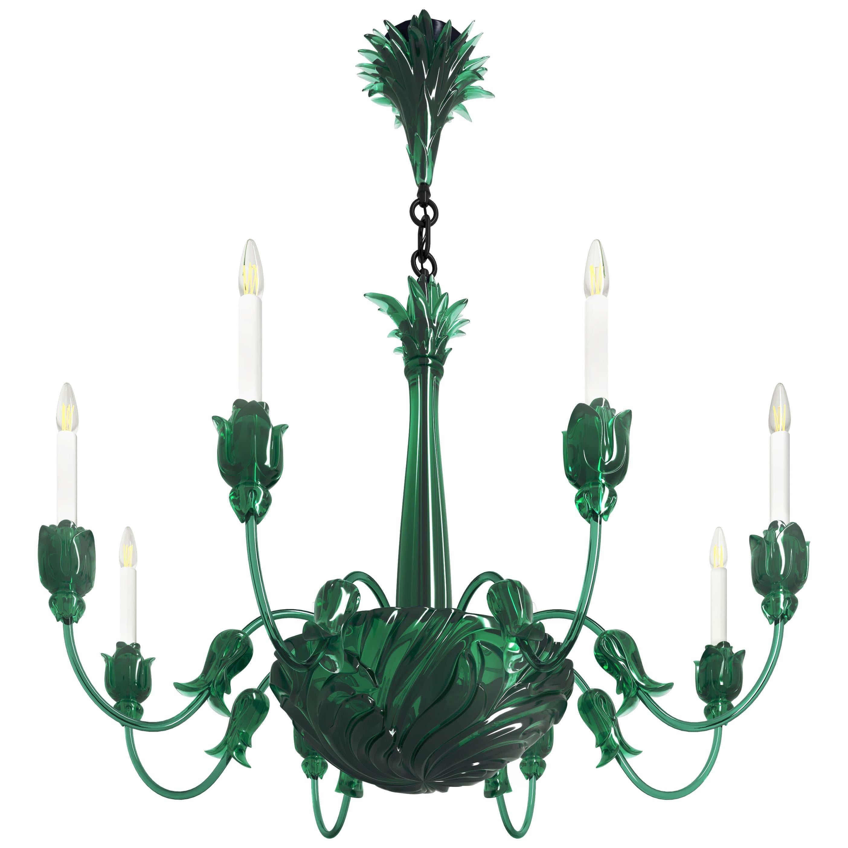 Tenerife Vert Chandelier, by David Duncan, Eight Light Chandelier Colored Resin For Sale