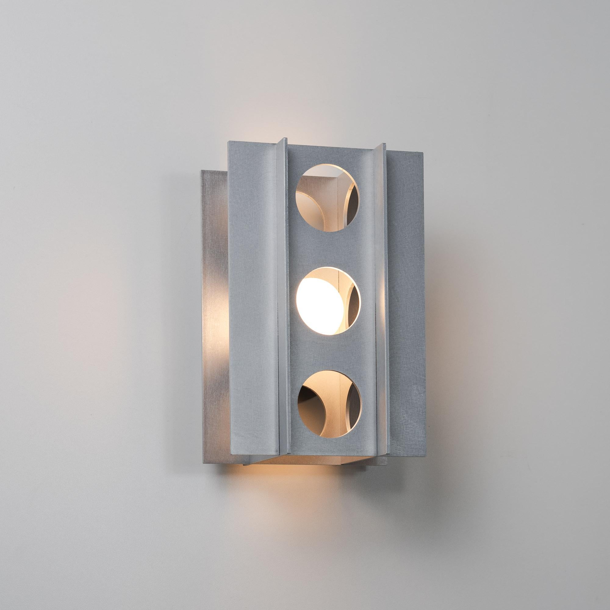Metalwork Tenfold 3T Wall Sconce in Satin Aluminum, Minimal Perforated Metal Wall Light For Sale