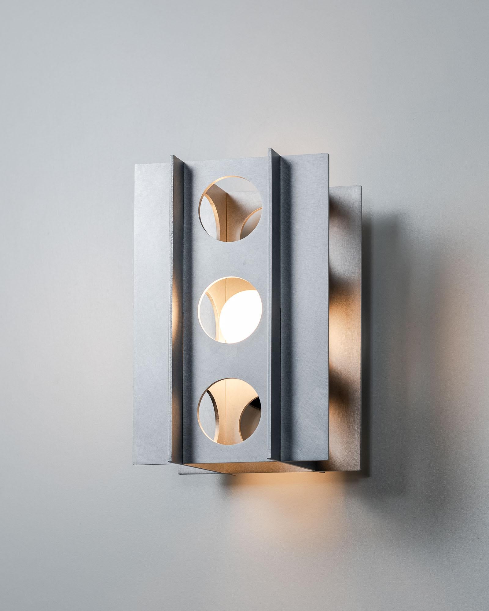 Tenfold 3T Wall Sconce in Satin Aluminum, Minimal Perforated Metal Wall Light In New Condition For Sale In Brooklyn, NY