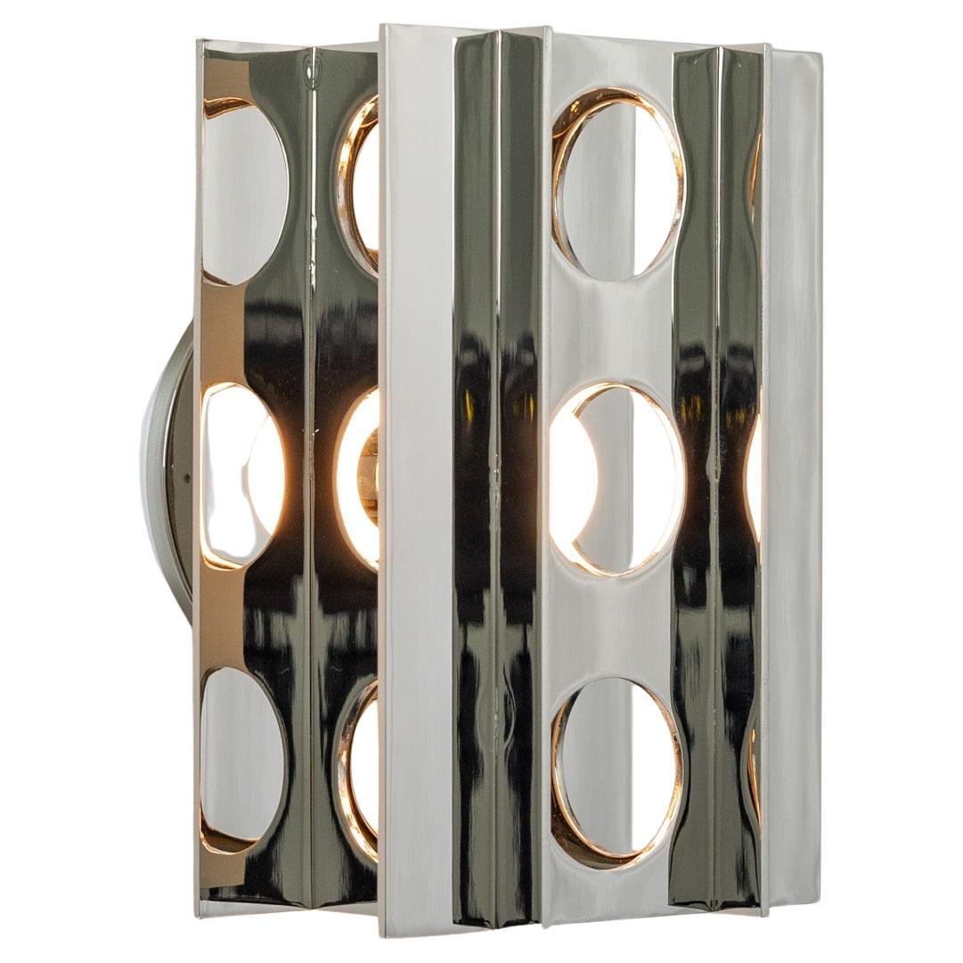 Tenfold 3T Wall Sconce Polished Nickel, Brutalist Perforated Metal Wall Light