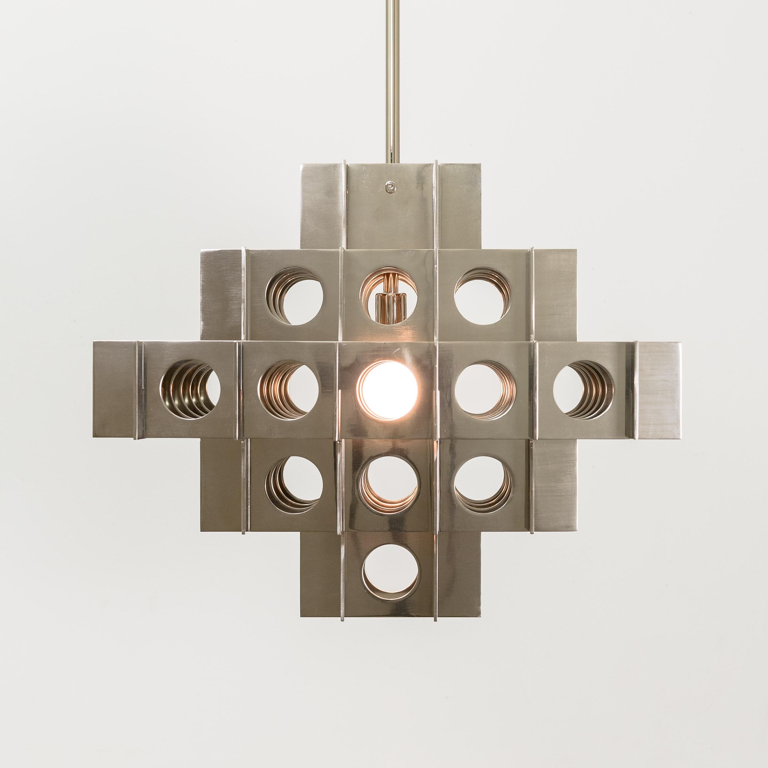 American Tenfold 5T 32inch, Brutalist Chandelier, Nickel, Geometric Pendant, Customizable For Sale