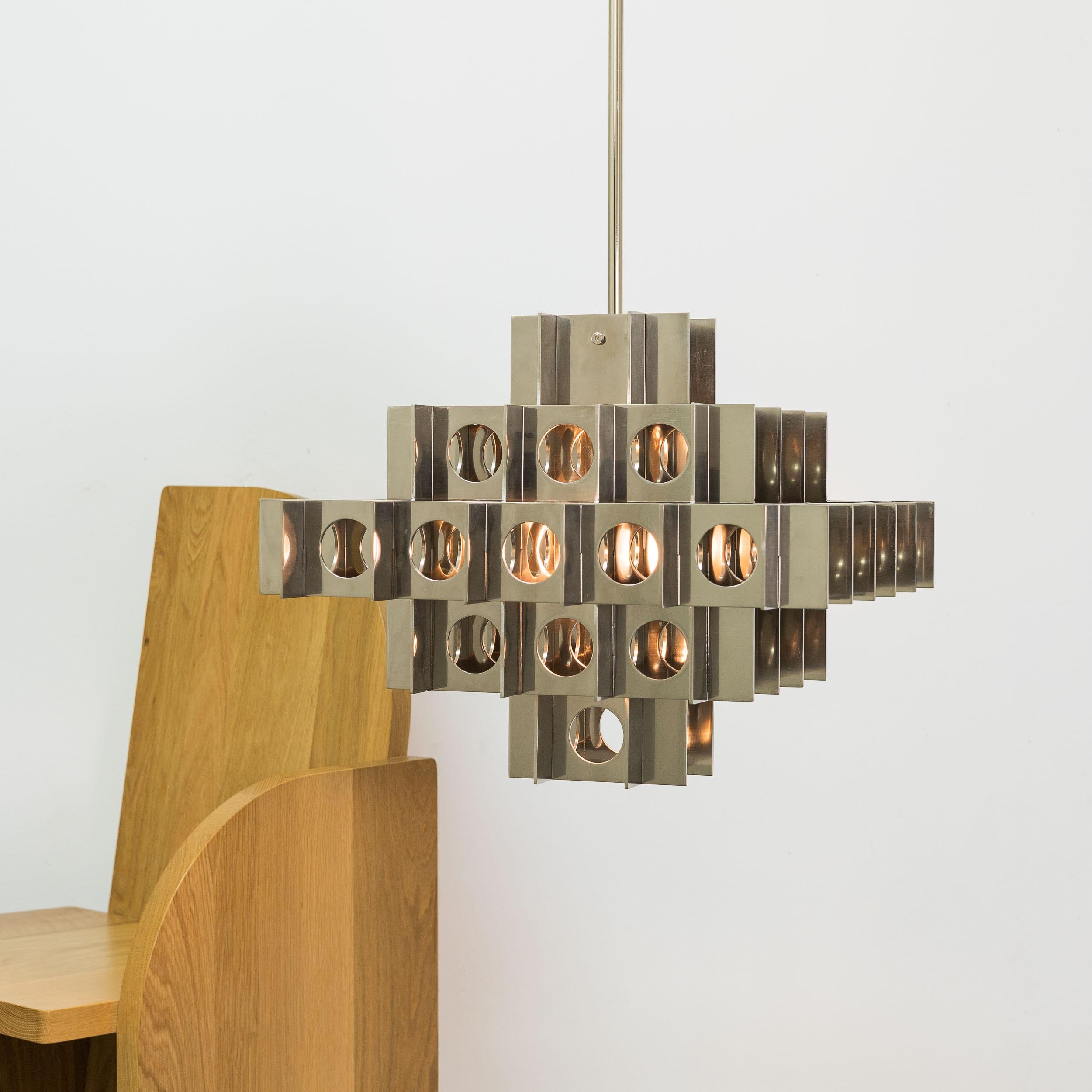 Contemporary Tenfold 5T 32inch, Brutalist Chandelier, Nickel, Geometric Pendant, Customizable For Sale