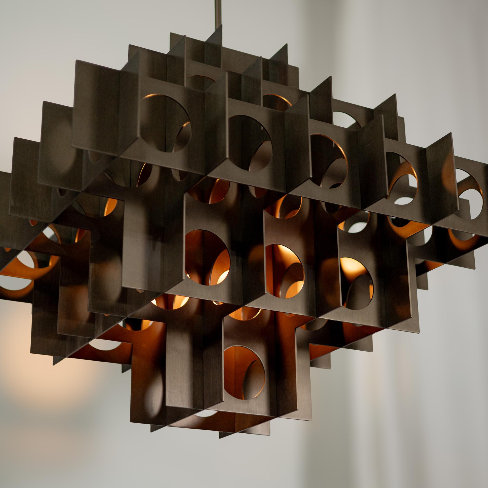 Tenfold Chandelier 32inch Brushed Bronze Perforated Metal Pendant Light For Sale 1