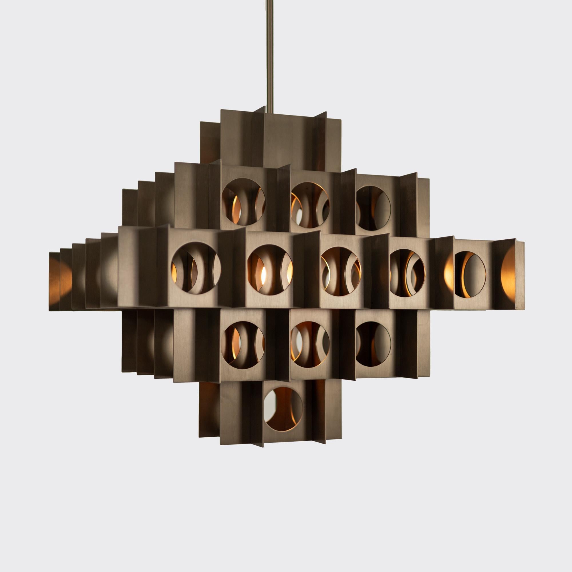 Brutalist Tenfold Chandelier 32inch Brushed Bronze Perforated Metal Pendant Light For Sale
