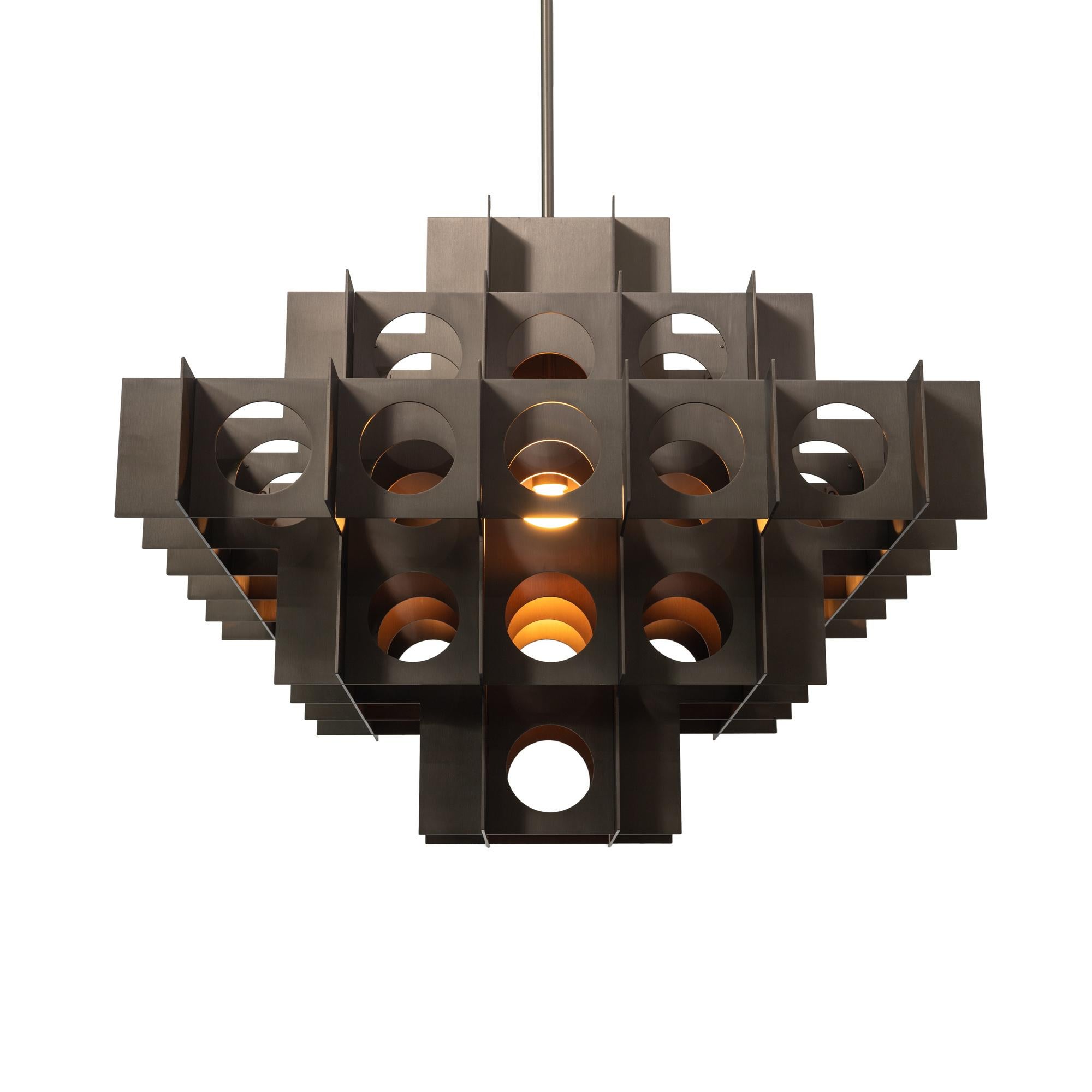 American Tenfold Chandelier 32inch Brushed Bronze Perforated Metal Pendant Light For Sale