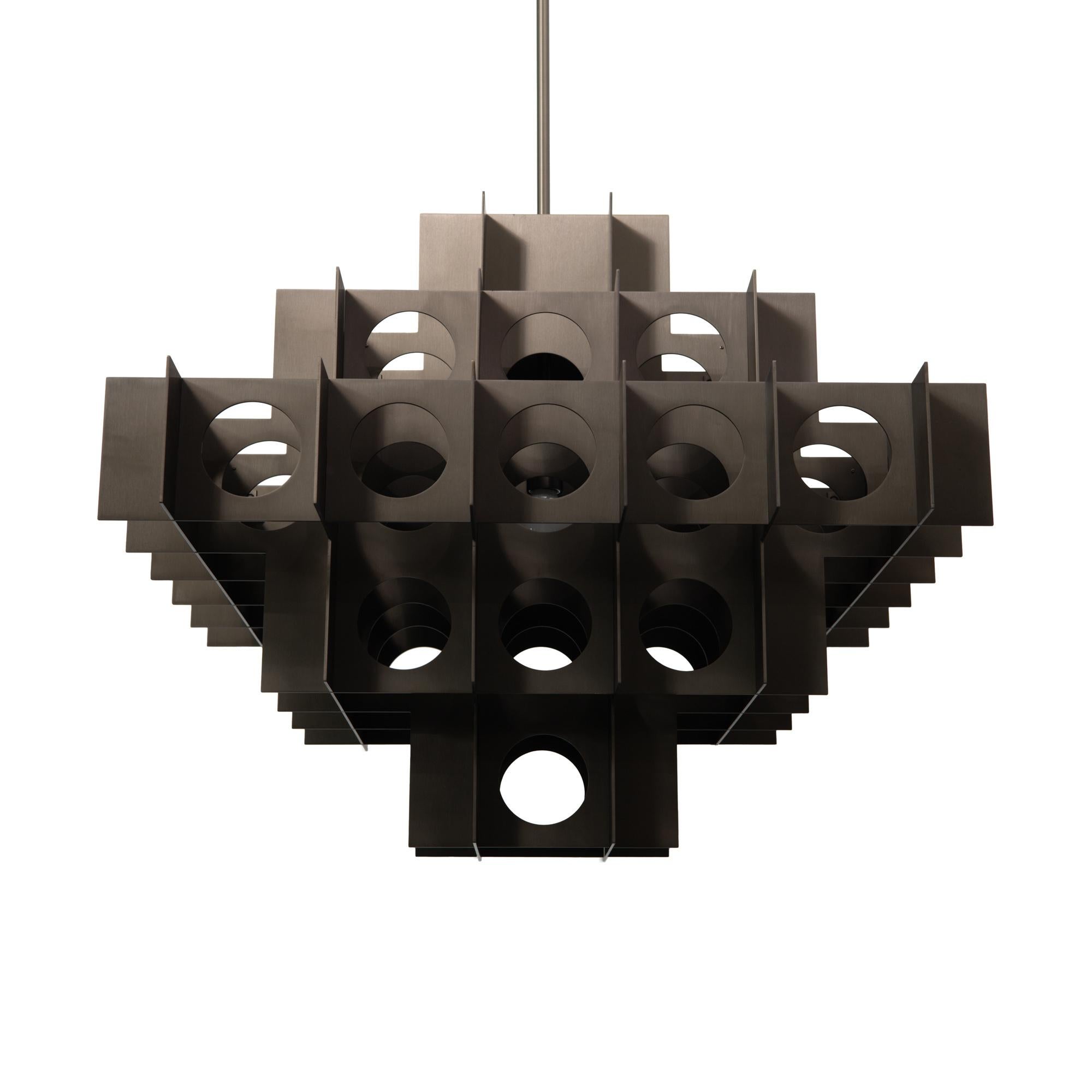 Metalwork Tenfold Chandelier 32inch Brushed Bronze Perforated Metal Pendant Light For Sale