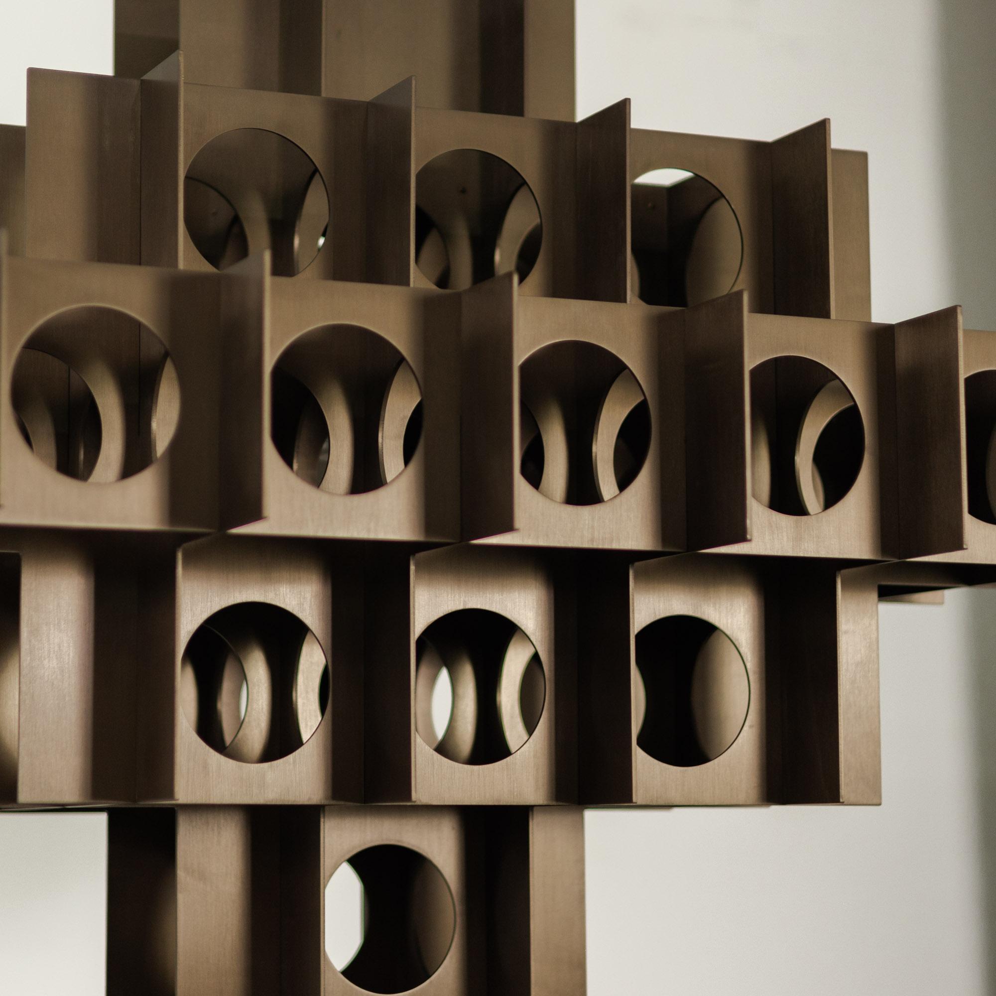 Tenfold Chandelier 32inch Brushed Bronze Perforated Metal Pendant Light In New Condition For Sale In Brooklyn, NY