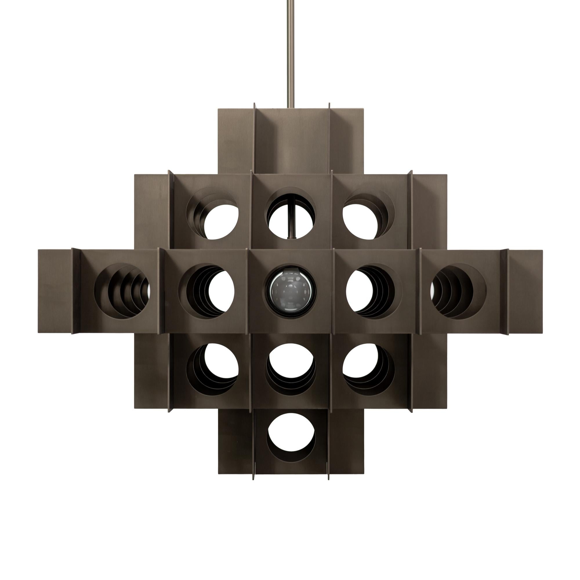 Contemporary Tenfold Chandelier 32inch Brushed Bronze Perforated Metal Pendant Light For Sale