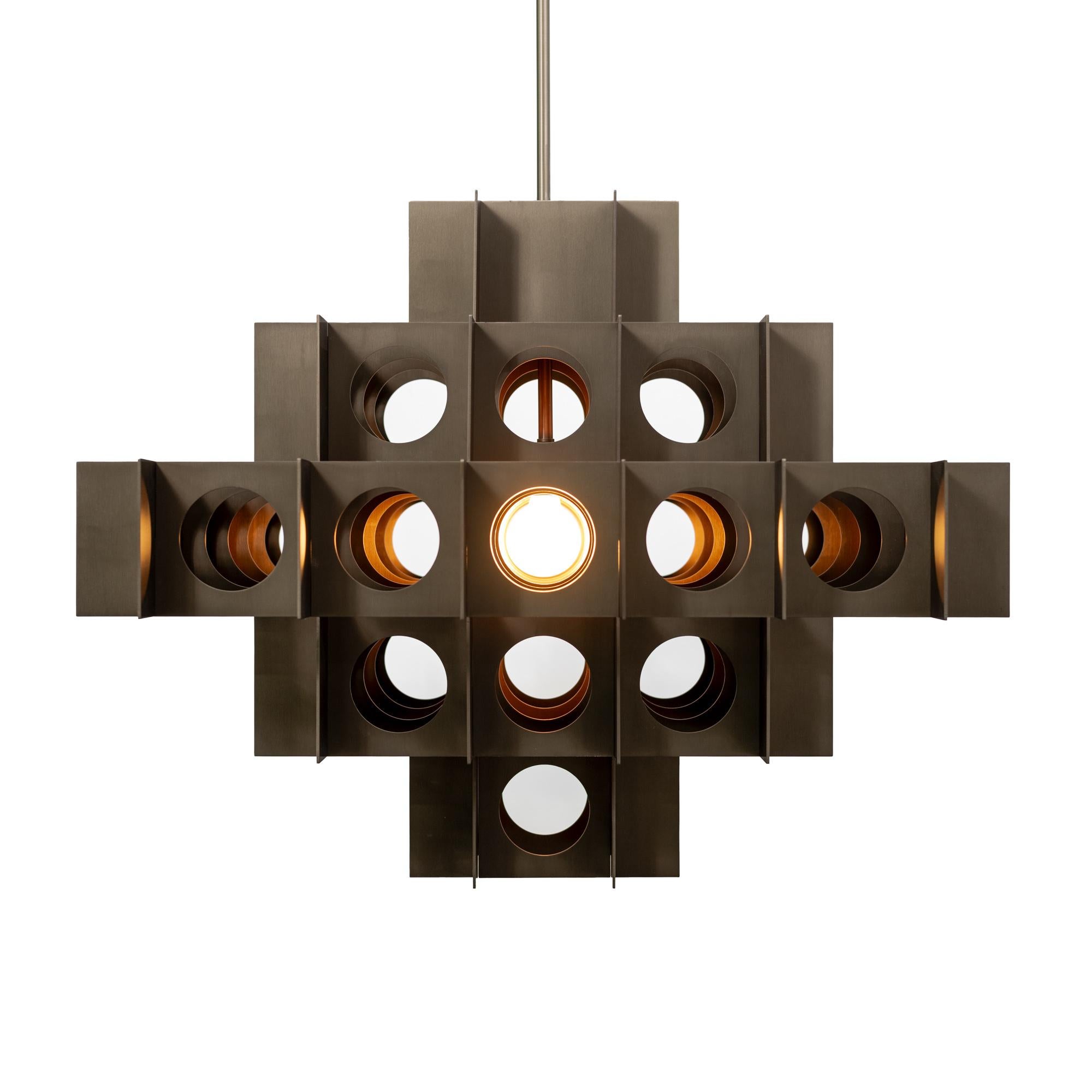 Aluminum Tenfold Chandelier 32inch Brushed Bronze Perforated Metal Pendant Light For Sale