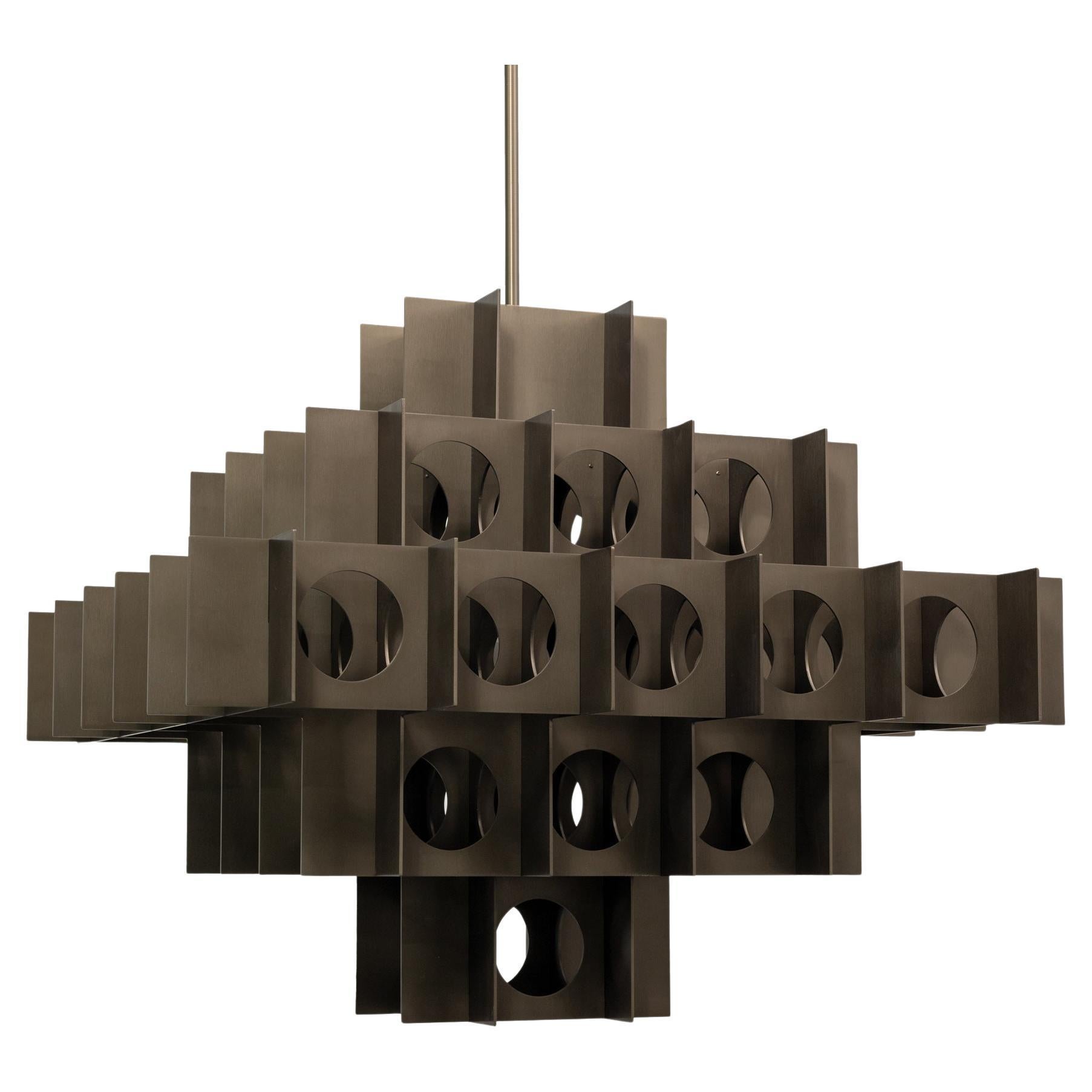 Tenfold Chandelier 32inch Brushed Bronze Perforated Metal Pendant Light For Sale 3