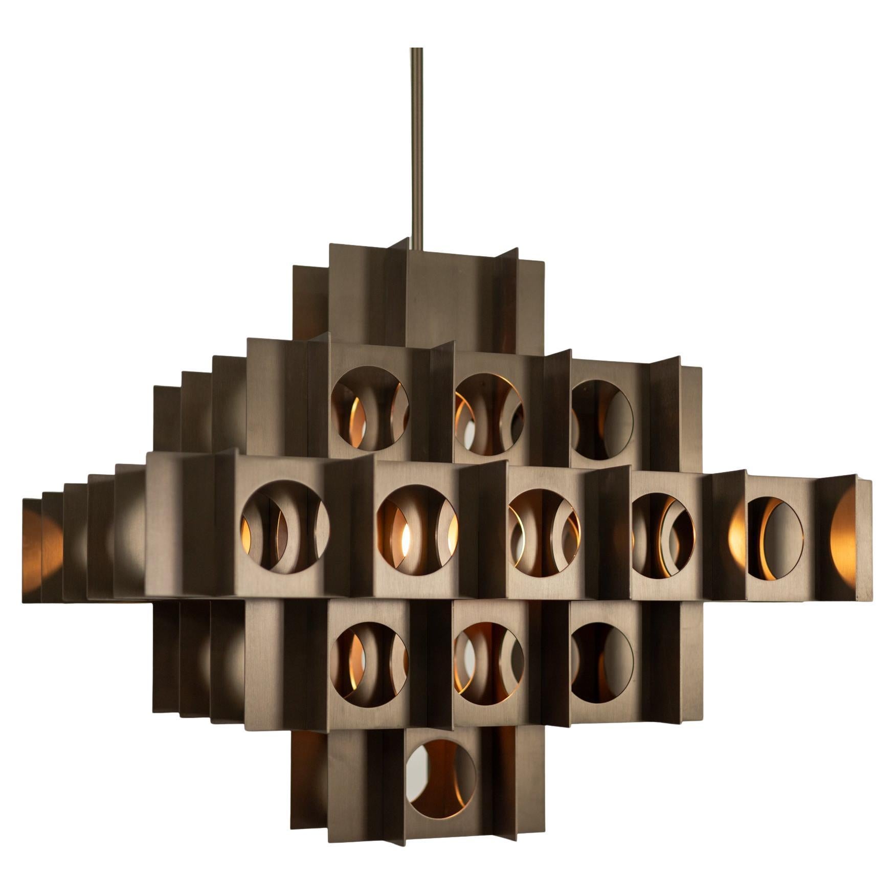 Tenfold Chandelier 5T 24inch Brushed Bronze, Perforated Metal Geometric Pendant