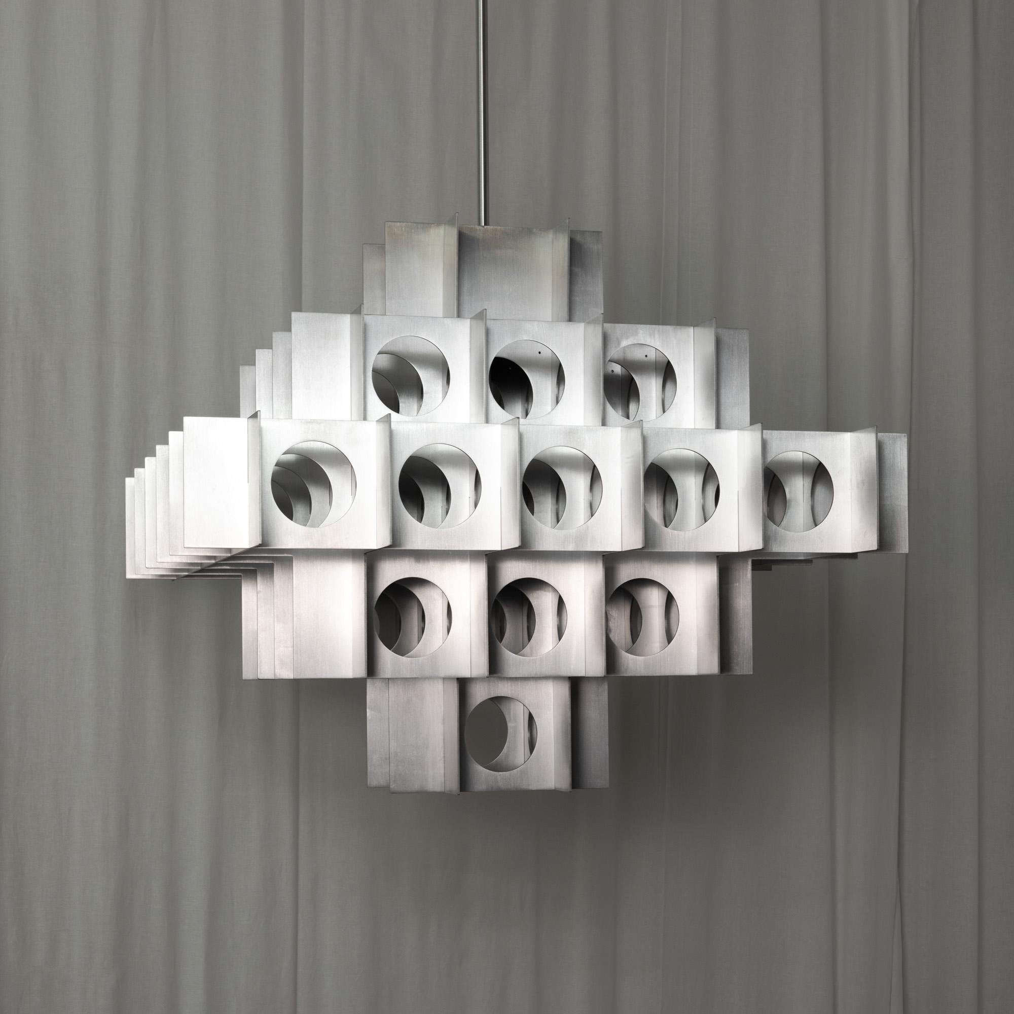 Contemporary Tenfold Chandelier 5T 32inch, Waxed Aluminum, Brutalist Pendant, Customizable For Sale