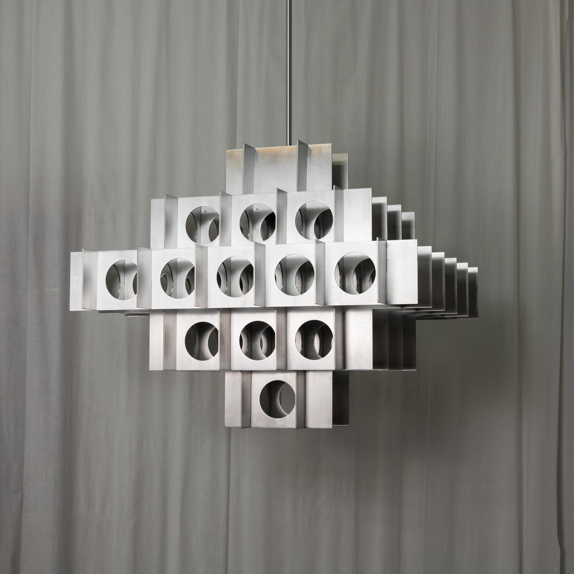 Tenfold Chandelier 5T 32inch, Waxed Aluminum, Brutalist Pendant, Customizable For Sale 2