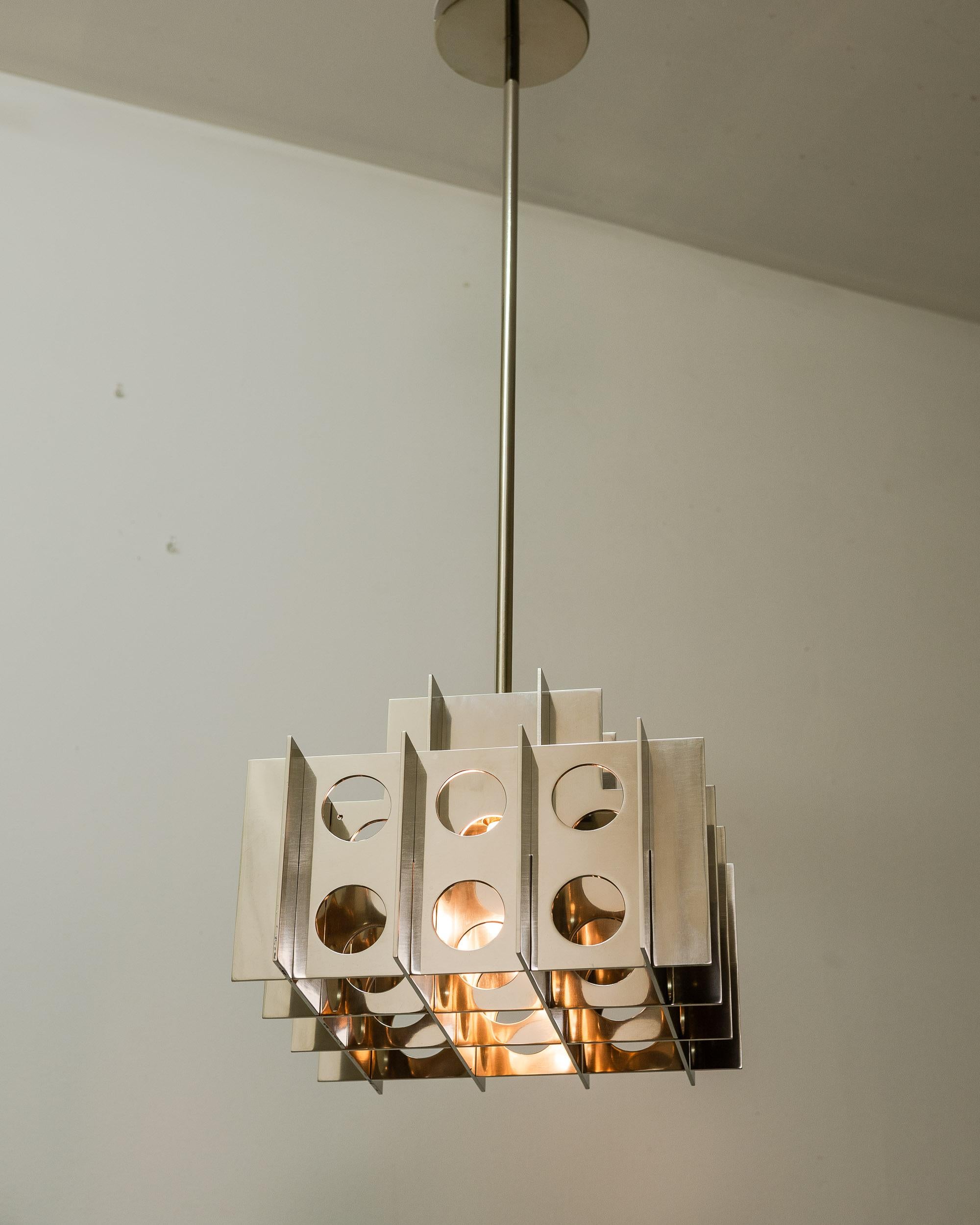 Contemporary Tenfold Chandelier Light 3TA 32inch, Polished Nickel, Brutalist Pendant Light For Sale