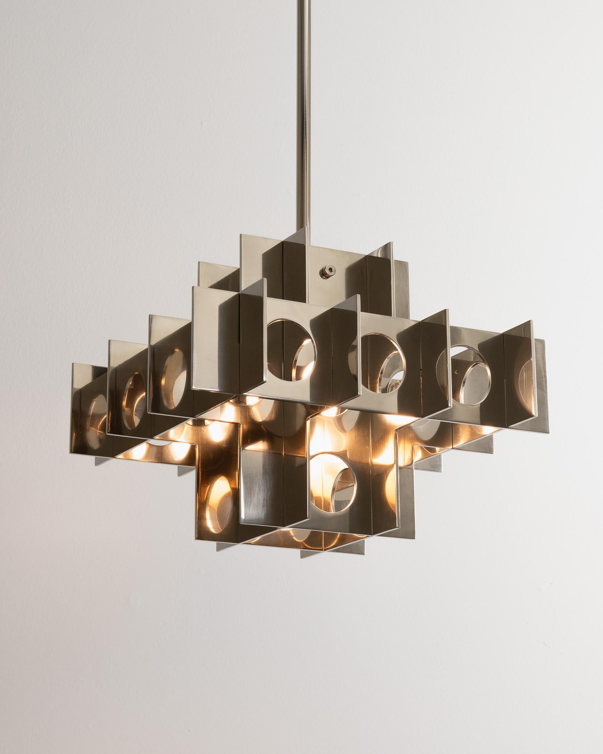 Modern Tenfold Pendant 3TB 18inch, Polished Nickel, Geometric, Brutalist, Ceiling Lamp For Sale