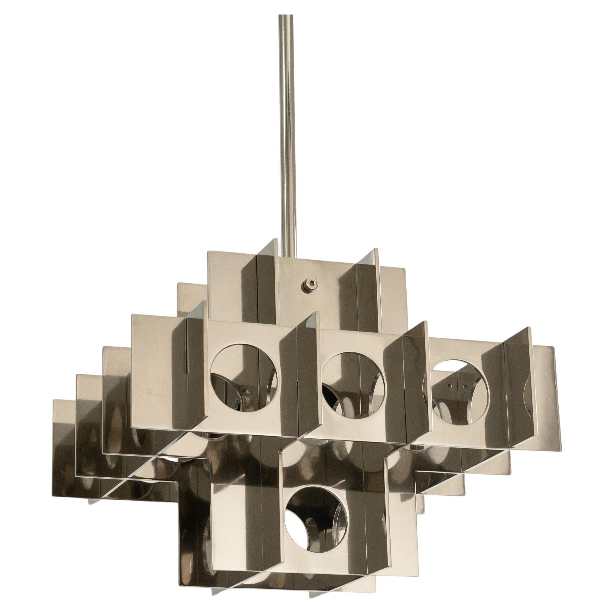 Tenfold Pendant 3TB 18inch, Polished Nickel, Geometric, Brutalist, Ceiling Lamp For Sale