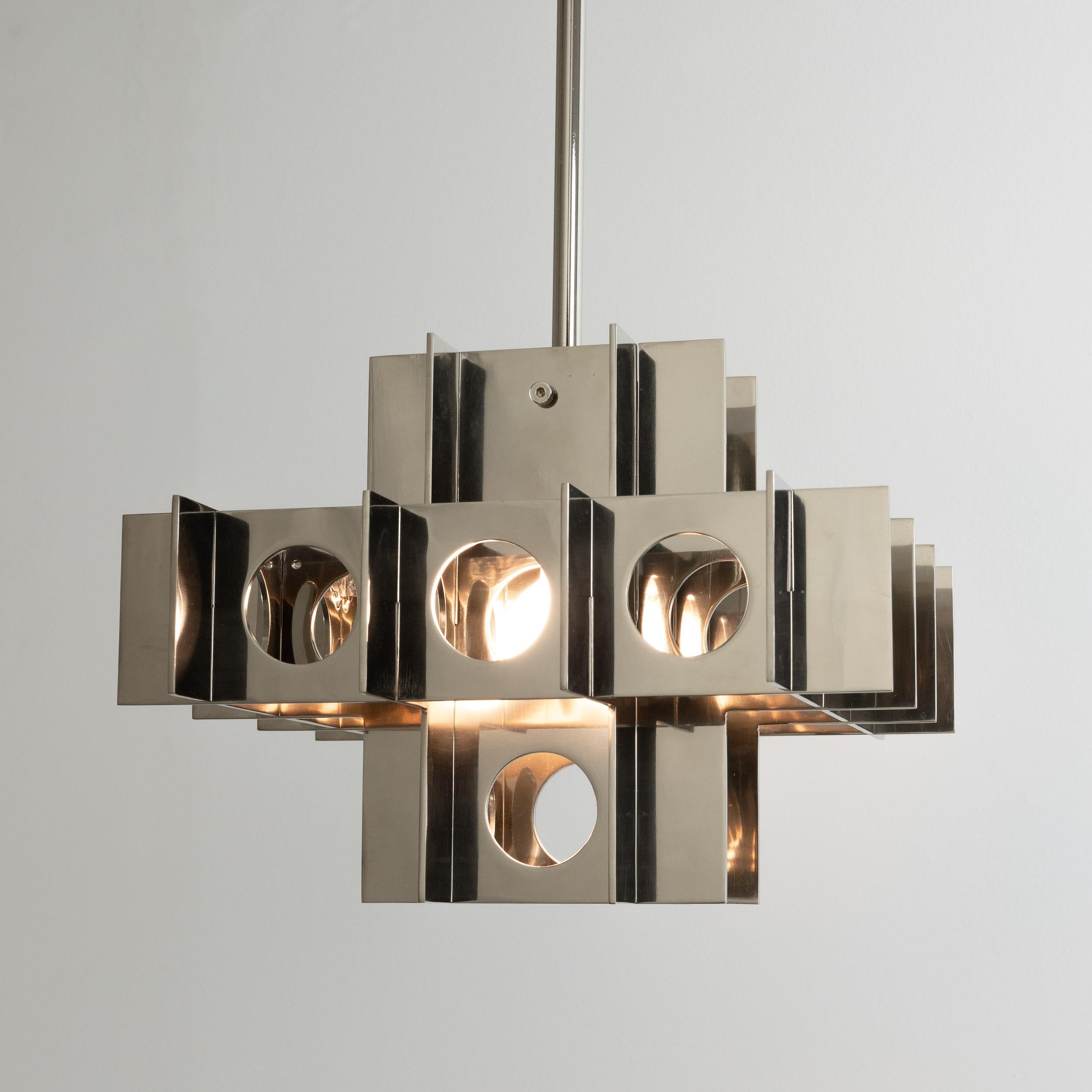 Modern Tenfold Pendant 3TB 24inch, Polished Nickel, Customizable Chandelier, Brutalist For Sale