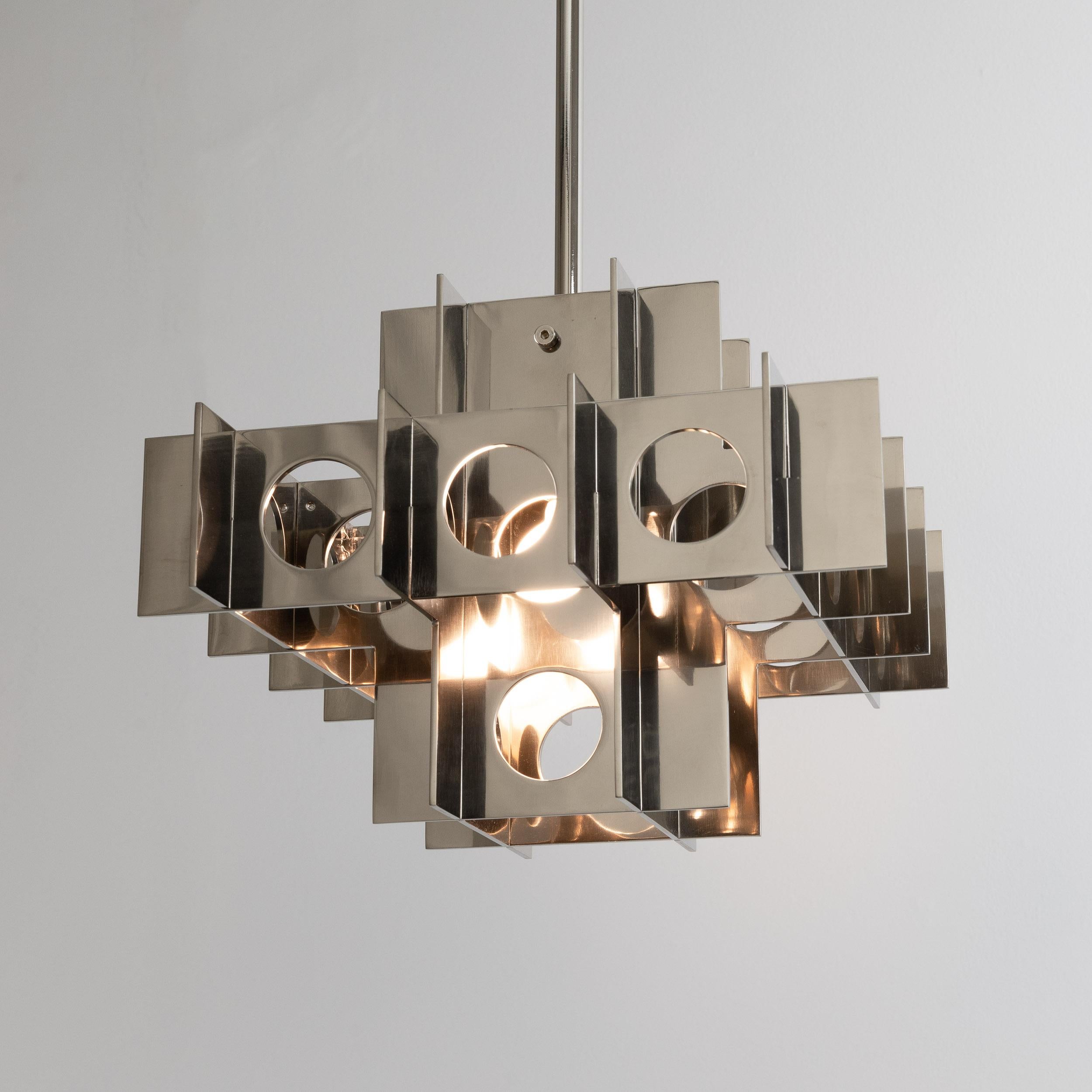 American Tenfold Pendant 3TB 24inch, Polished Nickel, Customizable Chandelier, Brutalist For Sale