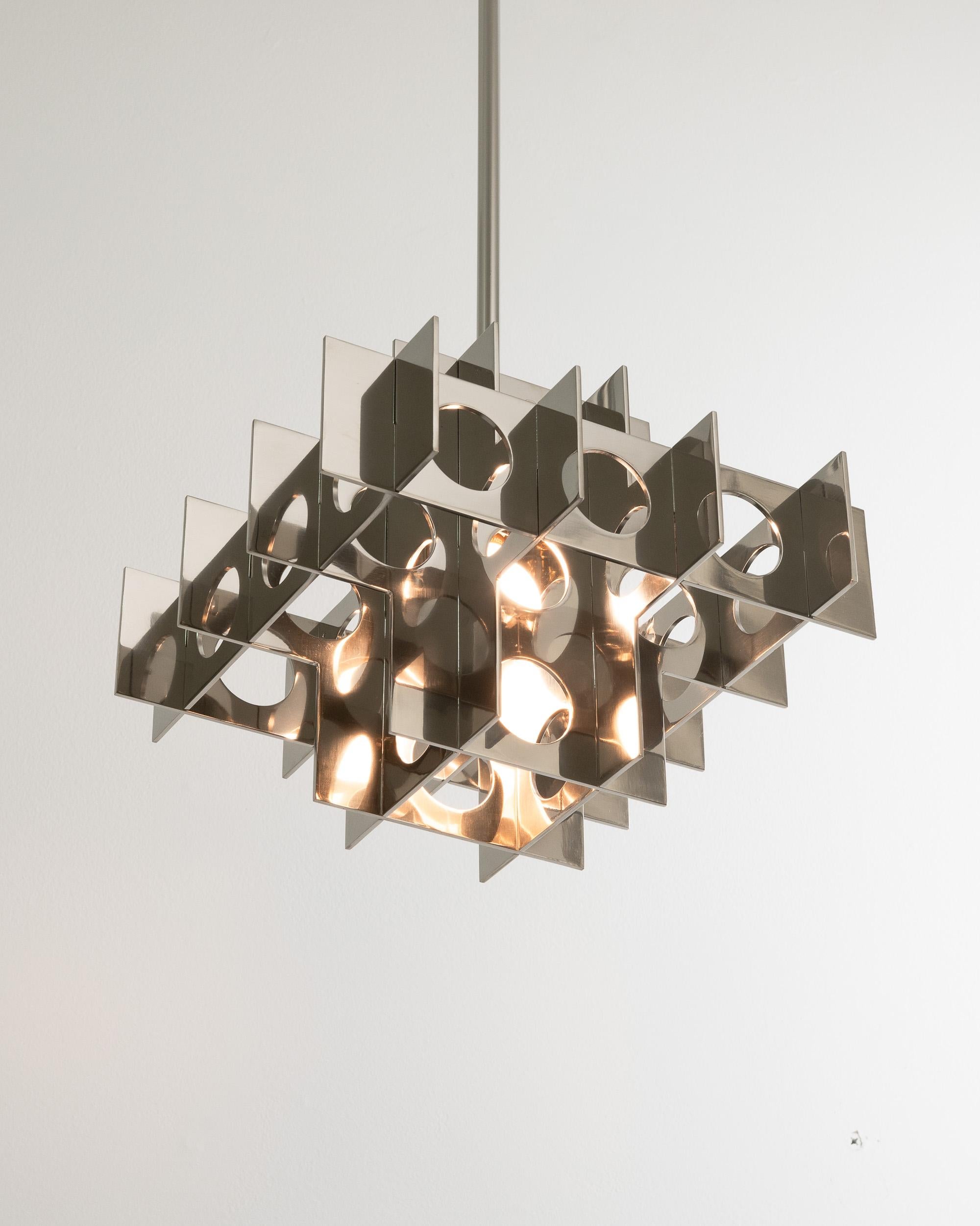 Aluminum Tenfold Pendant 3TB 24inch, Polished Nickel, Customizable Chandelier, Brutalist For Sale