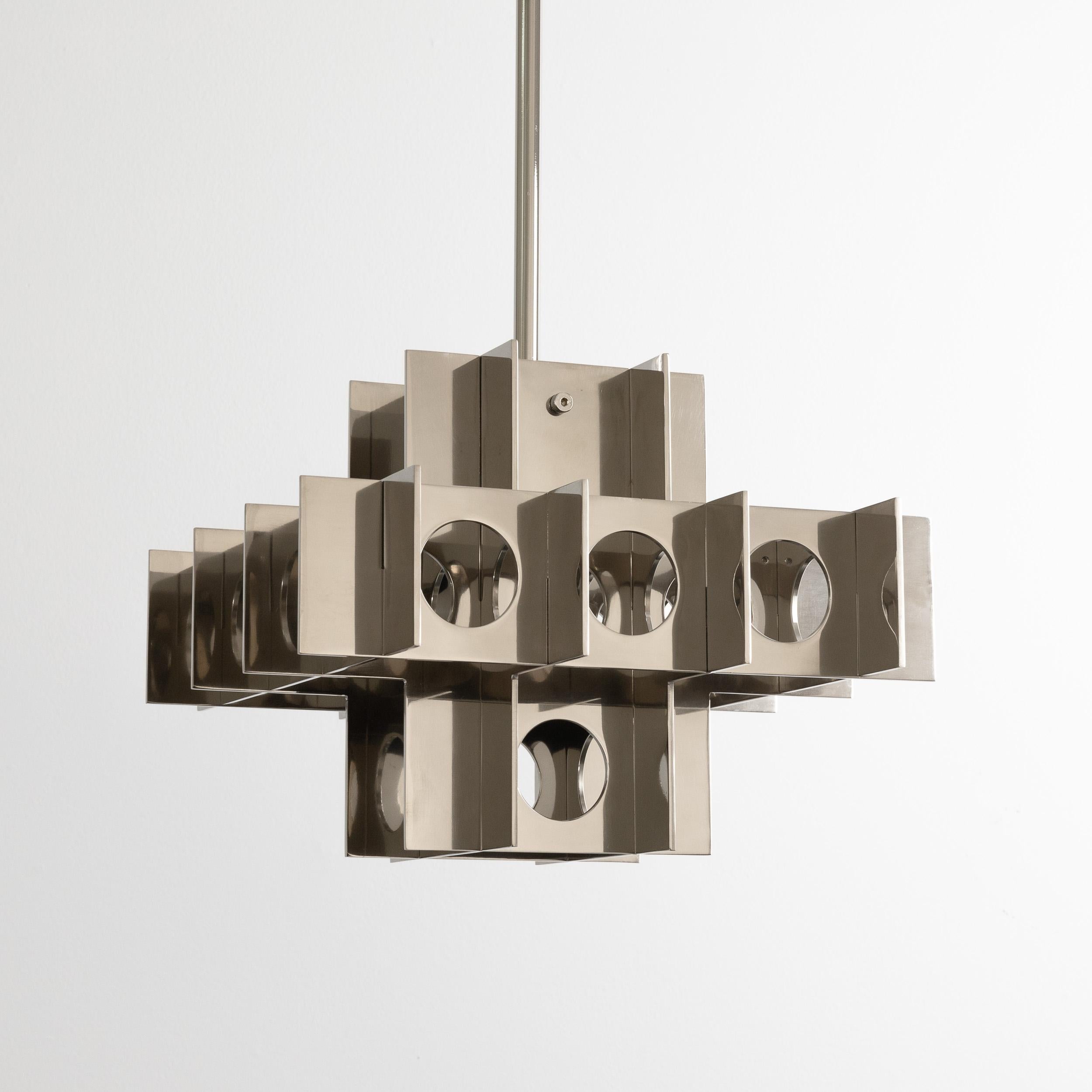 Aluminum Tenfold Pendant 3TB 32inch, Polished Nickel, Customizable Chandelier, Brutalist For Sale
