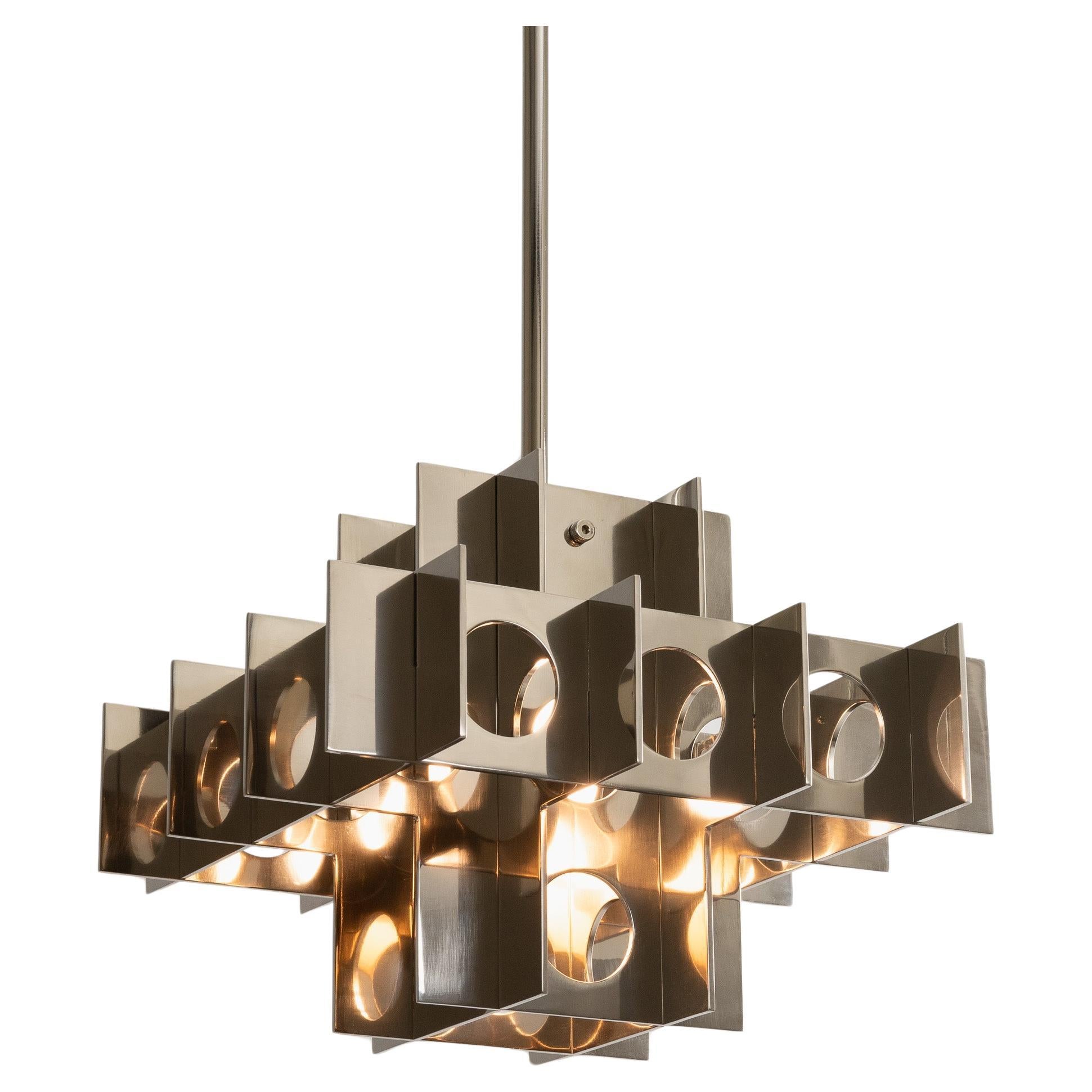 Tenfold Pendant 3TB 32inch, Polished Nickel, Customizable Chandelier, Brutalist For Sale