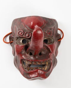 Tengu Mask, Japan Wood, Antiquity 1900, Red Lacquered Wood, Brass Eyes