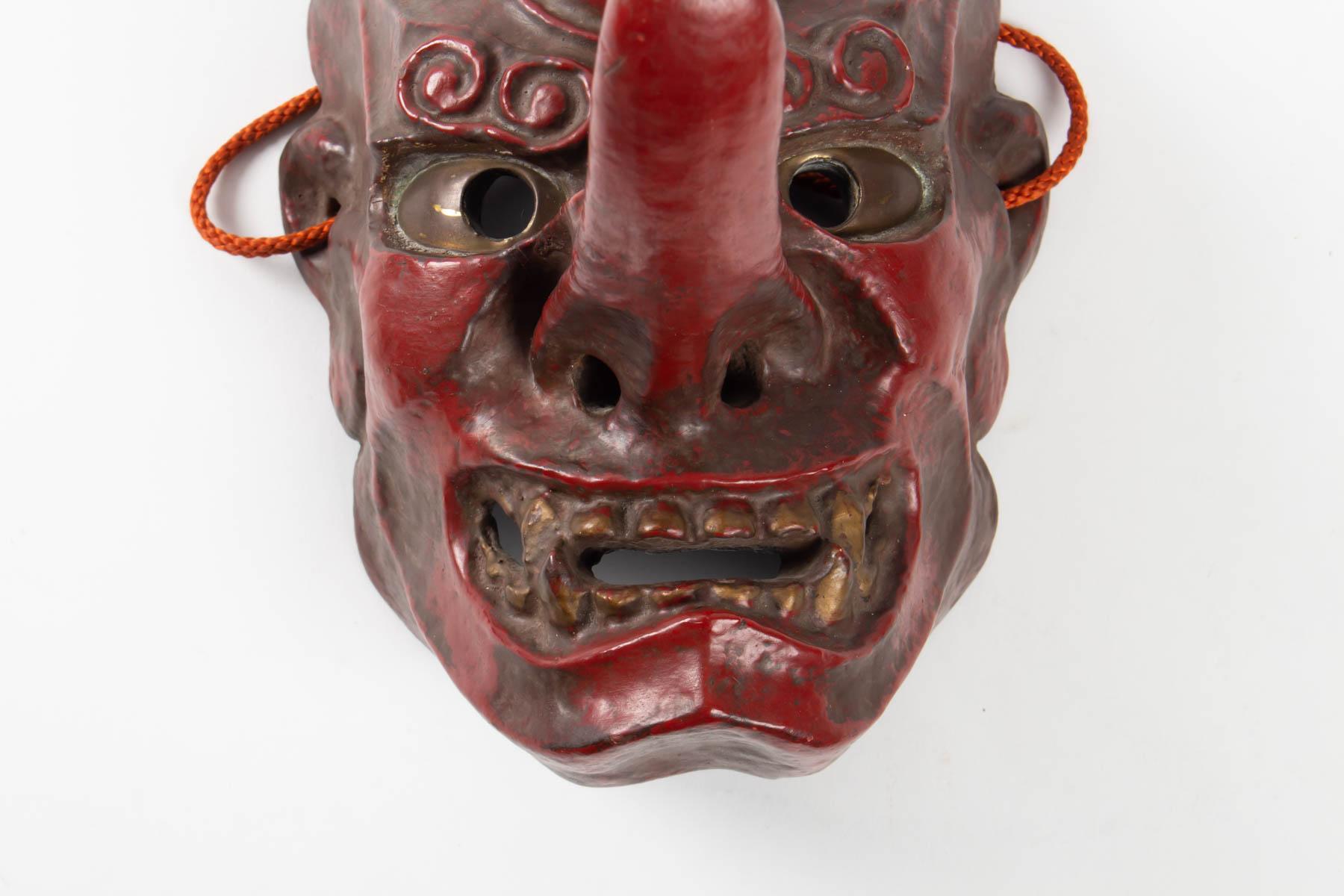 Japonisme Tengu Mask, Japan Wood, Antiquity 1900, Red Lacquered Wood, Brass Eyes
