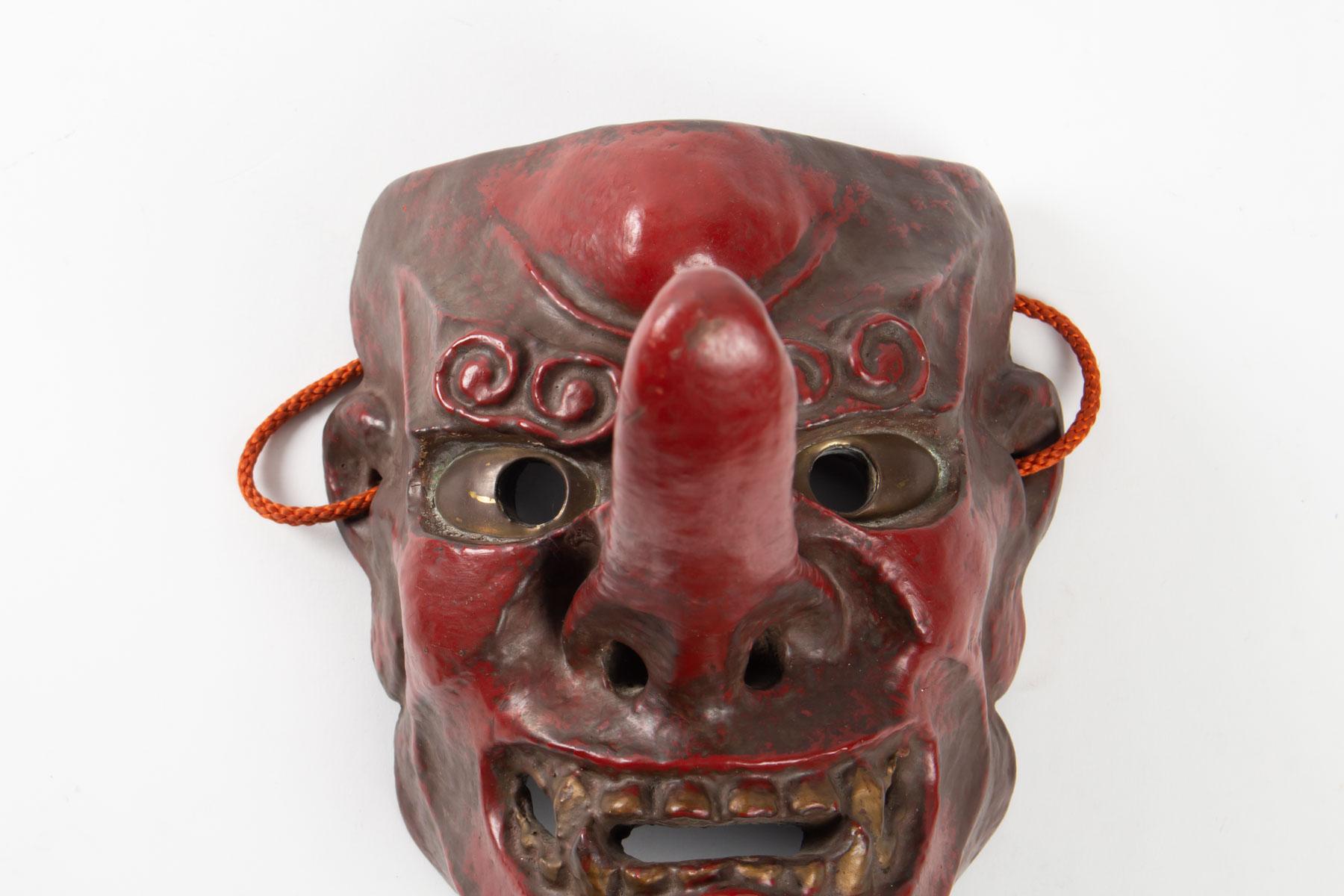 Japanese Tengu Mask, Japan Wood, Antiquity 1900, Red Lacquered Wood, Brass Eyes