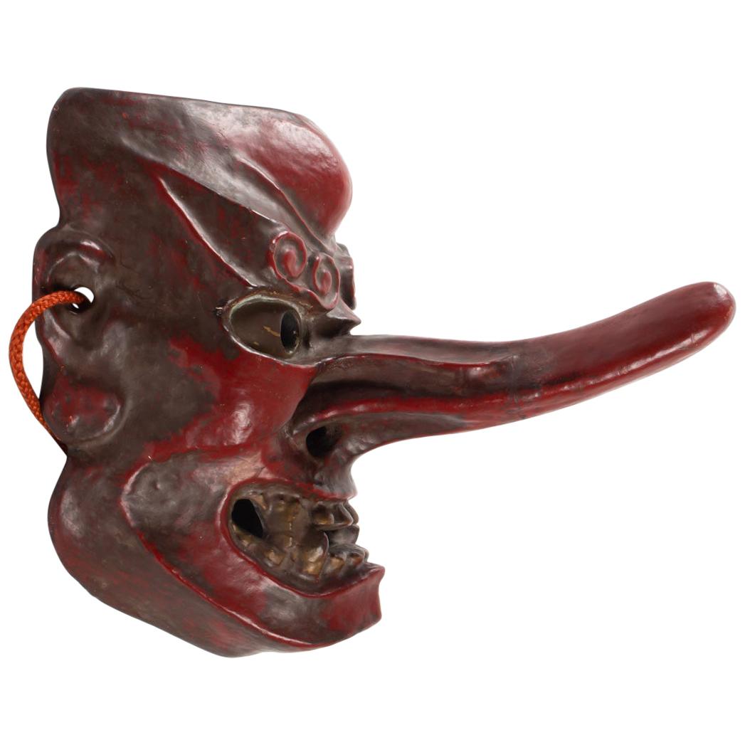 Tengu Mask, Japan Wood, Antiquity 1900, Red Lacquered Wood, Brass Eyes