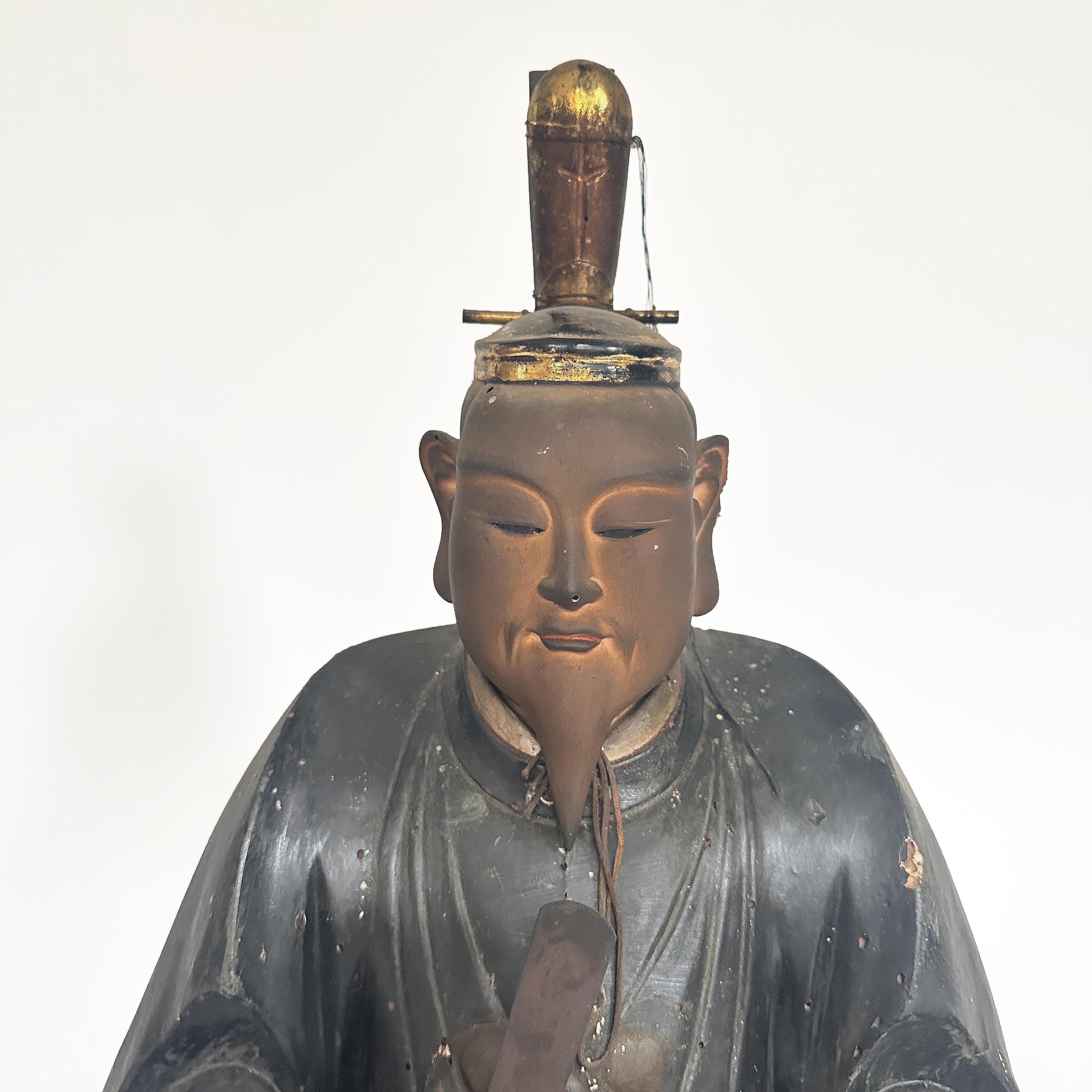 Polychromed Tenjin-Sama, Wood, Japanese Shinto Deity of Learning and Wisdom, Meiji Period For Sale