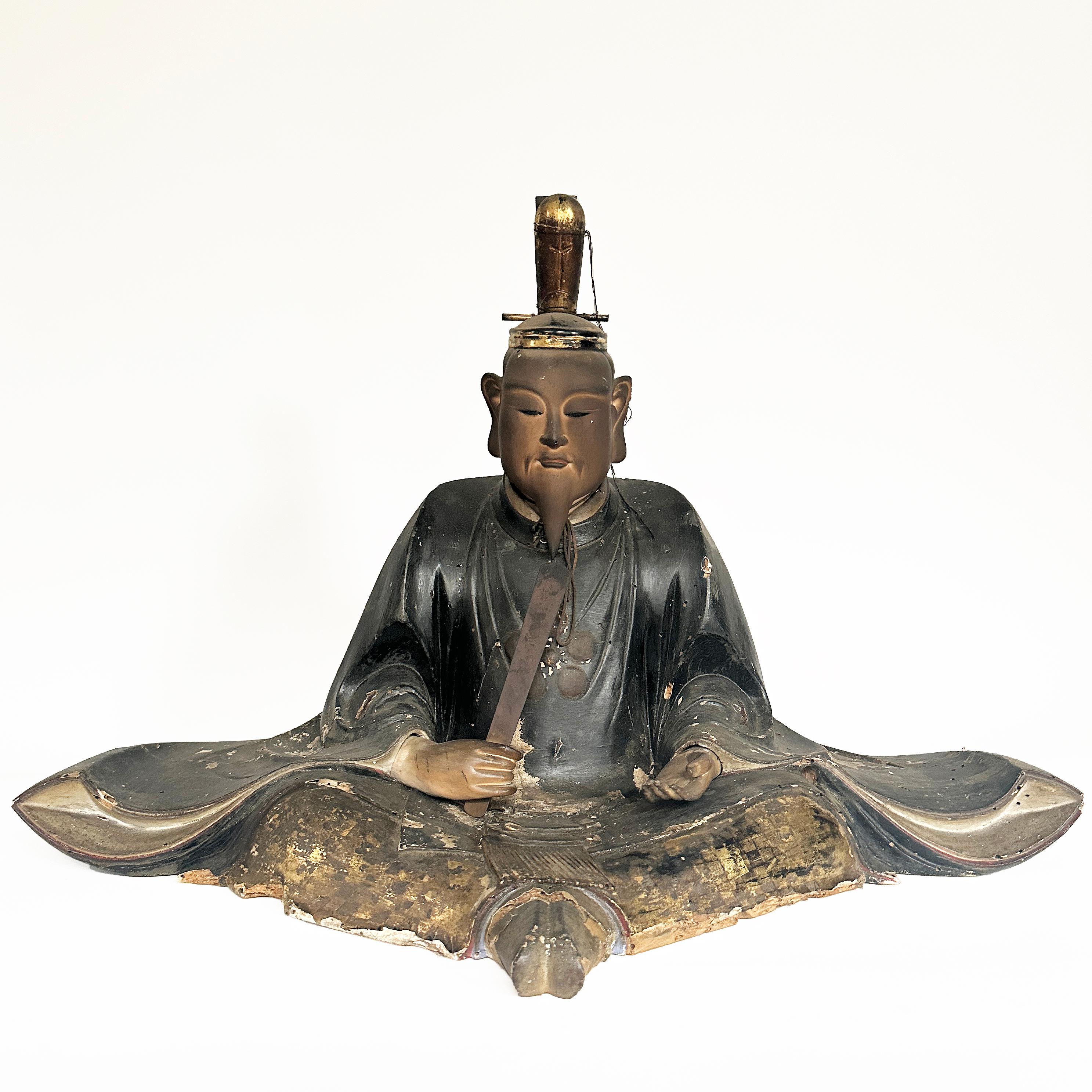 Polychromed Tenjin-Sama, Wood, Japanese Shinto Deity of Learning and Wisdom, Meiji Period For Sale