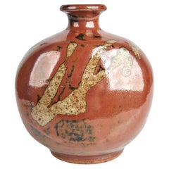Used Tenmoku stoneware bulbous bottle vase by Shoji Hamada, mid-century 