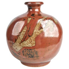 Tenmoku stoneware bulbous bottle vase by Shoji Hamada, mid-century