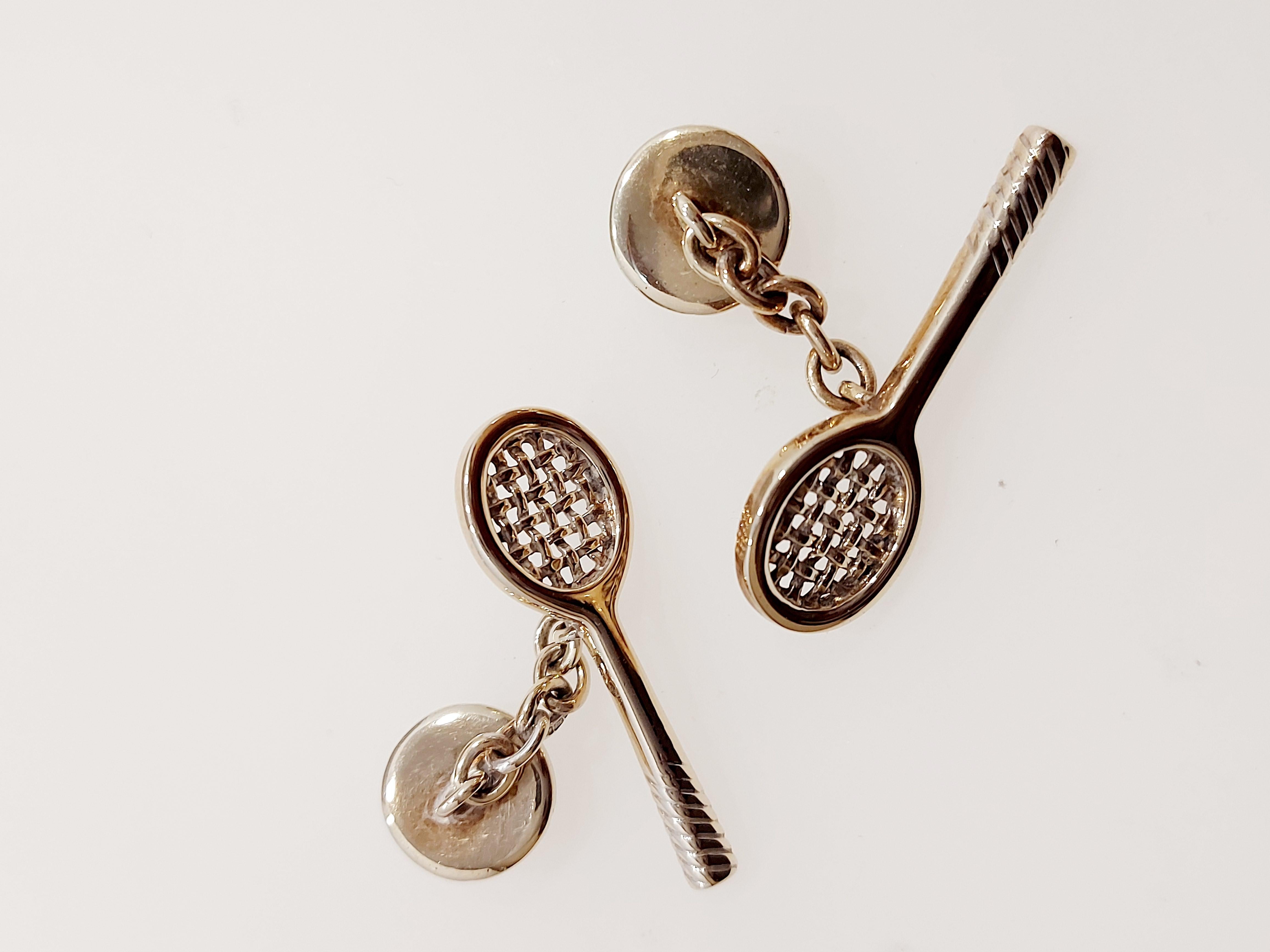 Tennis racket and ball 9ct yellow gold chain link cufflinks made by Links of London. 