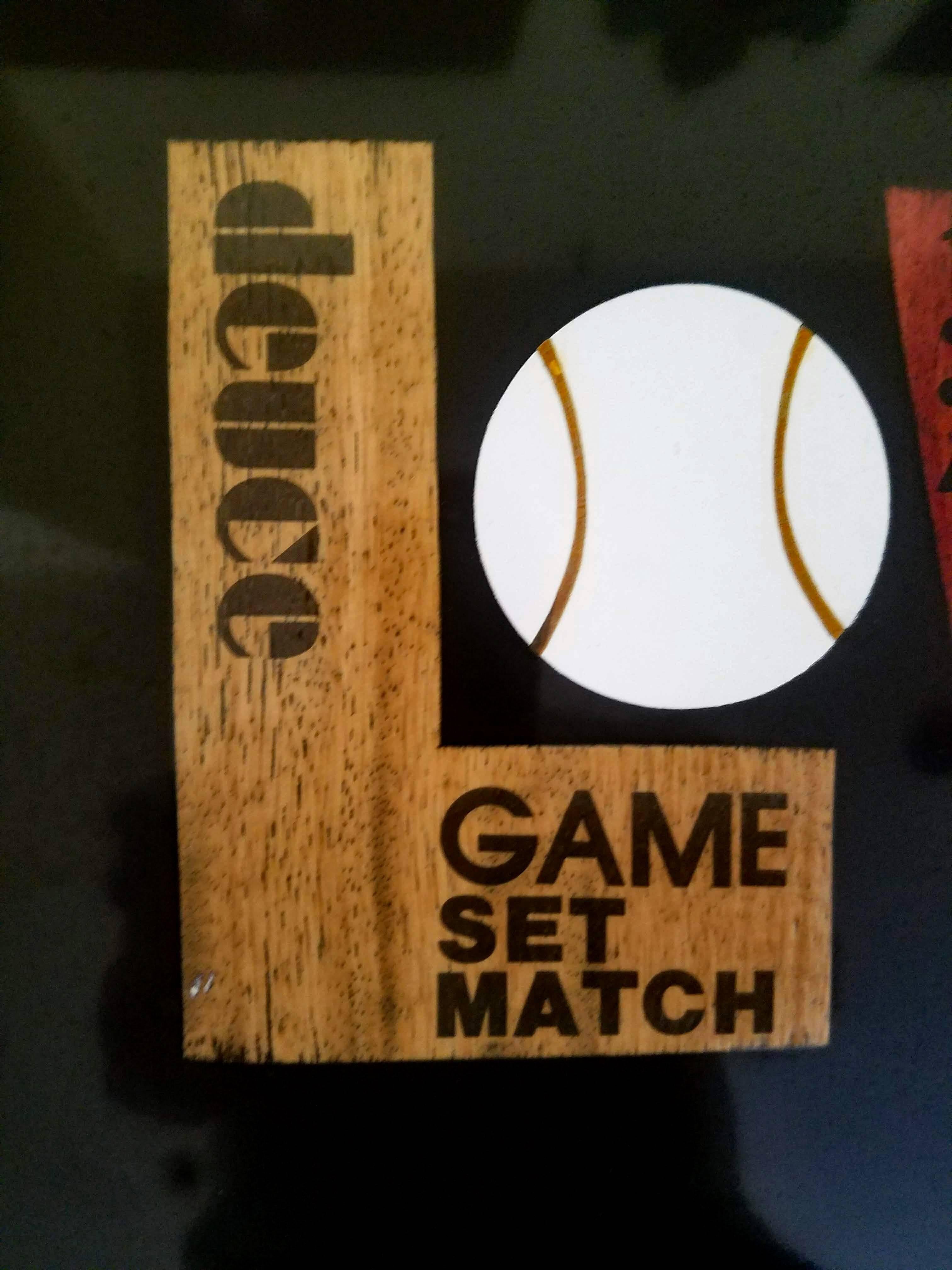 Large couroc tray with tennis-subject,
Love, set and match,
circa 1960s.

A fabulous large tray in black with a tennis theme. The center with the word love in wood veneer and various words such deuce, game set match, 15 30 40, ace ad in out,