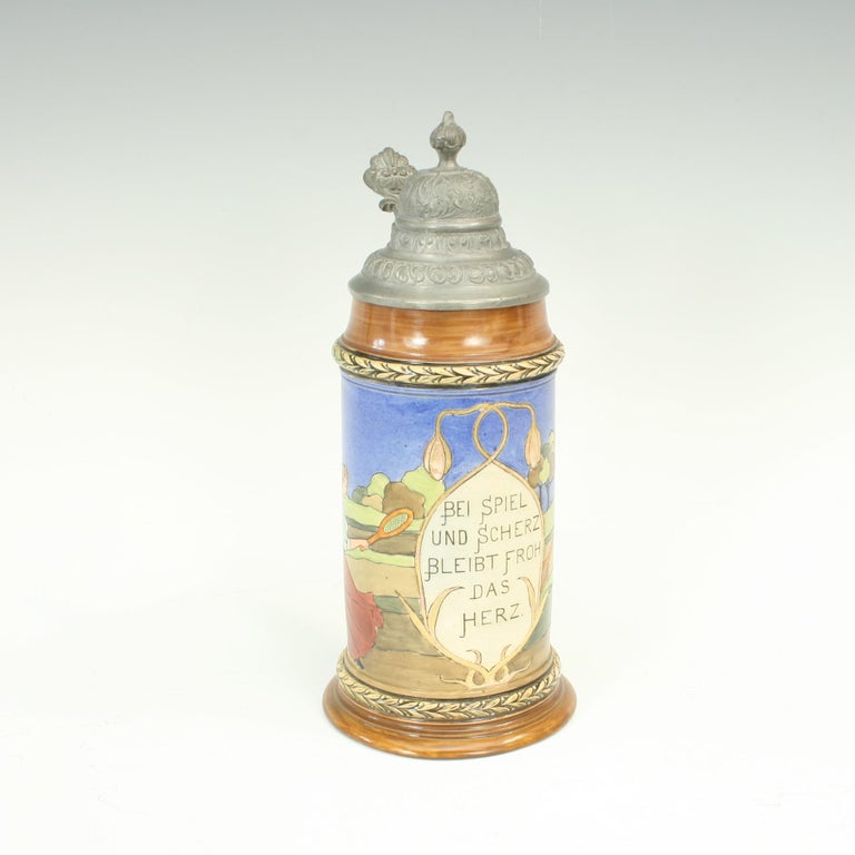 Antique Tennis Beer Stein, German Mettlach Type, 1914 For Sale at 1stDibs