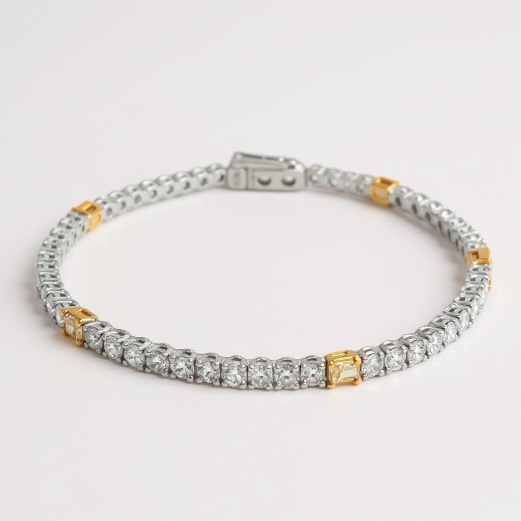 Fusion élégante du luxe intemporel et de l'éclat vibrant, ce bracelet de tennis en diamants est réalisé en or blanc et jaune massif 18 carats, pesant 9,05 grammes. Il est méticuleusement serti de 56 diamants ronds de taille brillante naturels,