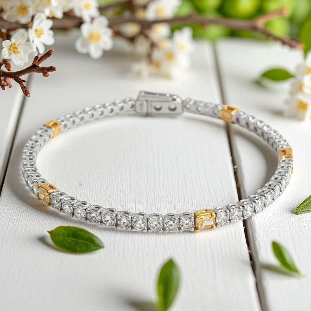 Taille ronde Bracelet de tennis en or 18kt avec 5.88 carats de diamants jaunes et blancs de couleur naturelle en vente