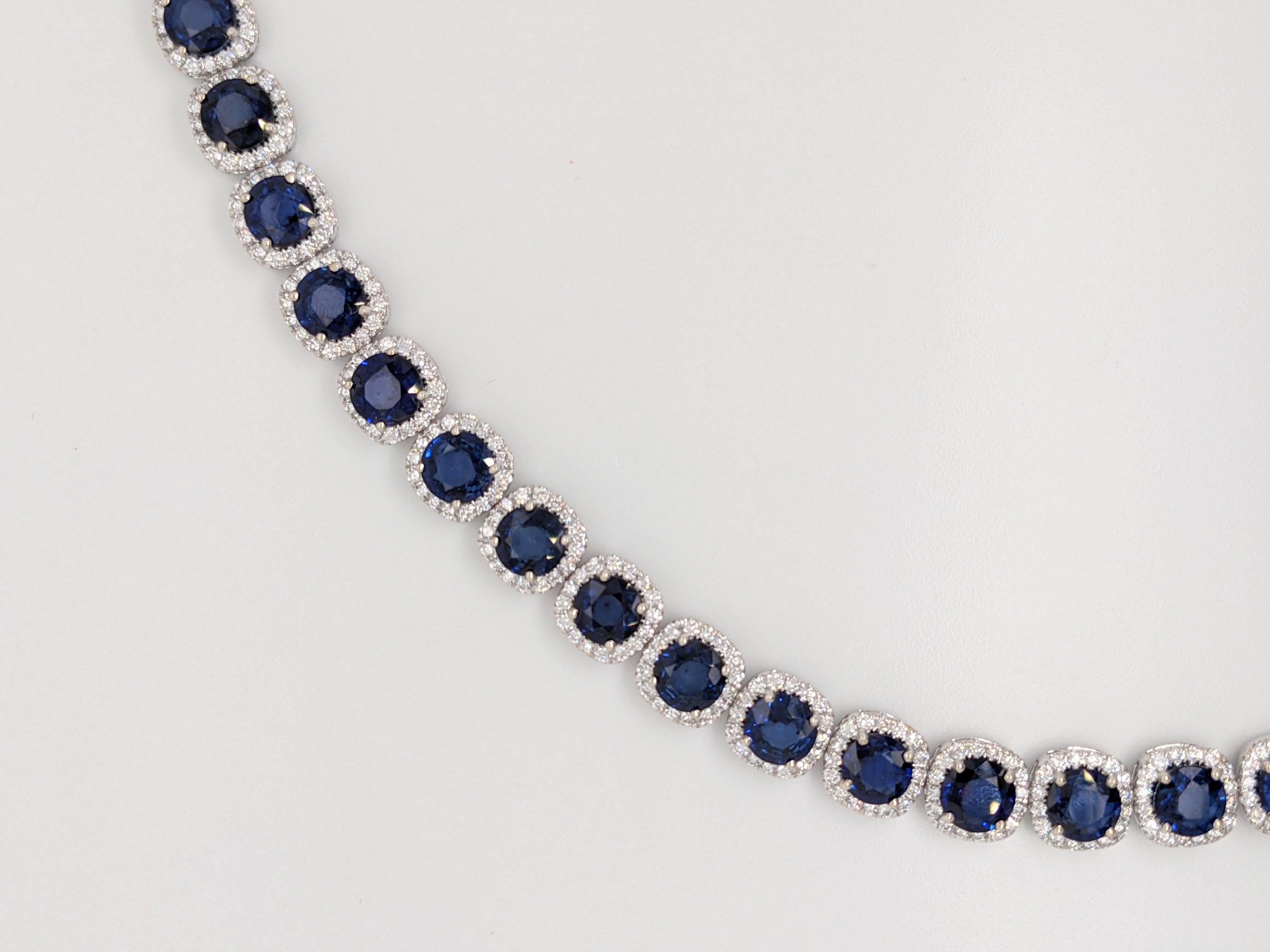 Center Stone: Sapphire
Shape/size: Round 6mm
Approx Weight: 23.36cts, 19 pieces
Treatment: Diffusion
Shape: Round
Head size: 6mm
Gold weight: 15.6g
Diamond weight: 3.4ct
#of Diamonds: 304

Introducing a mesmerizing sapphire bracelet, exquisitely