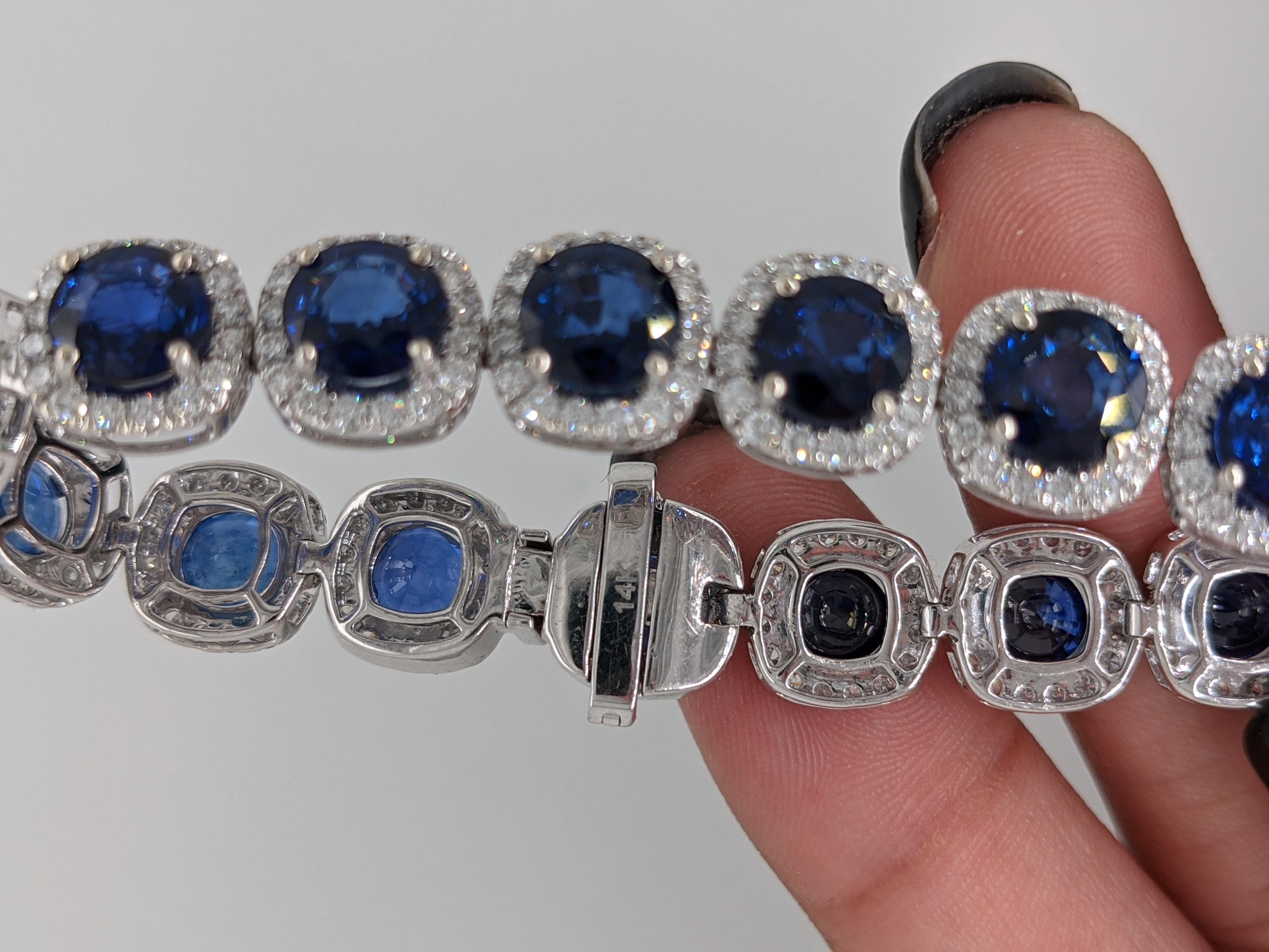 Tennis Bracelet | 23 cts of Round Faceted Blue Sapphires w Natural Diamond Halos In New Condition For Sale In Columbus, OH