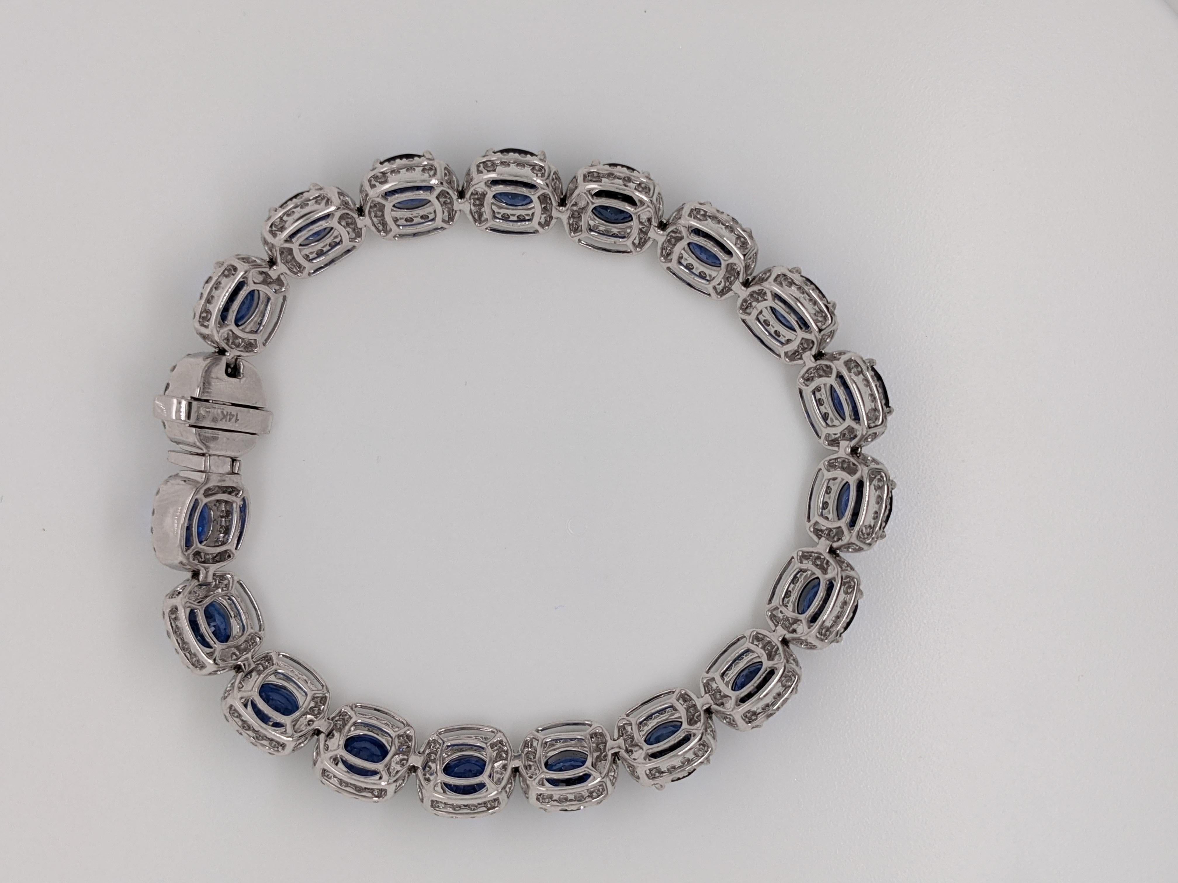 Women's or Men's Tennis Bracelet | 23 cts of Round Faceted Blue Sapphires w Natural Diamond Halos For Sale