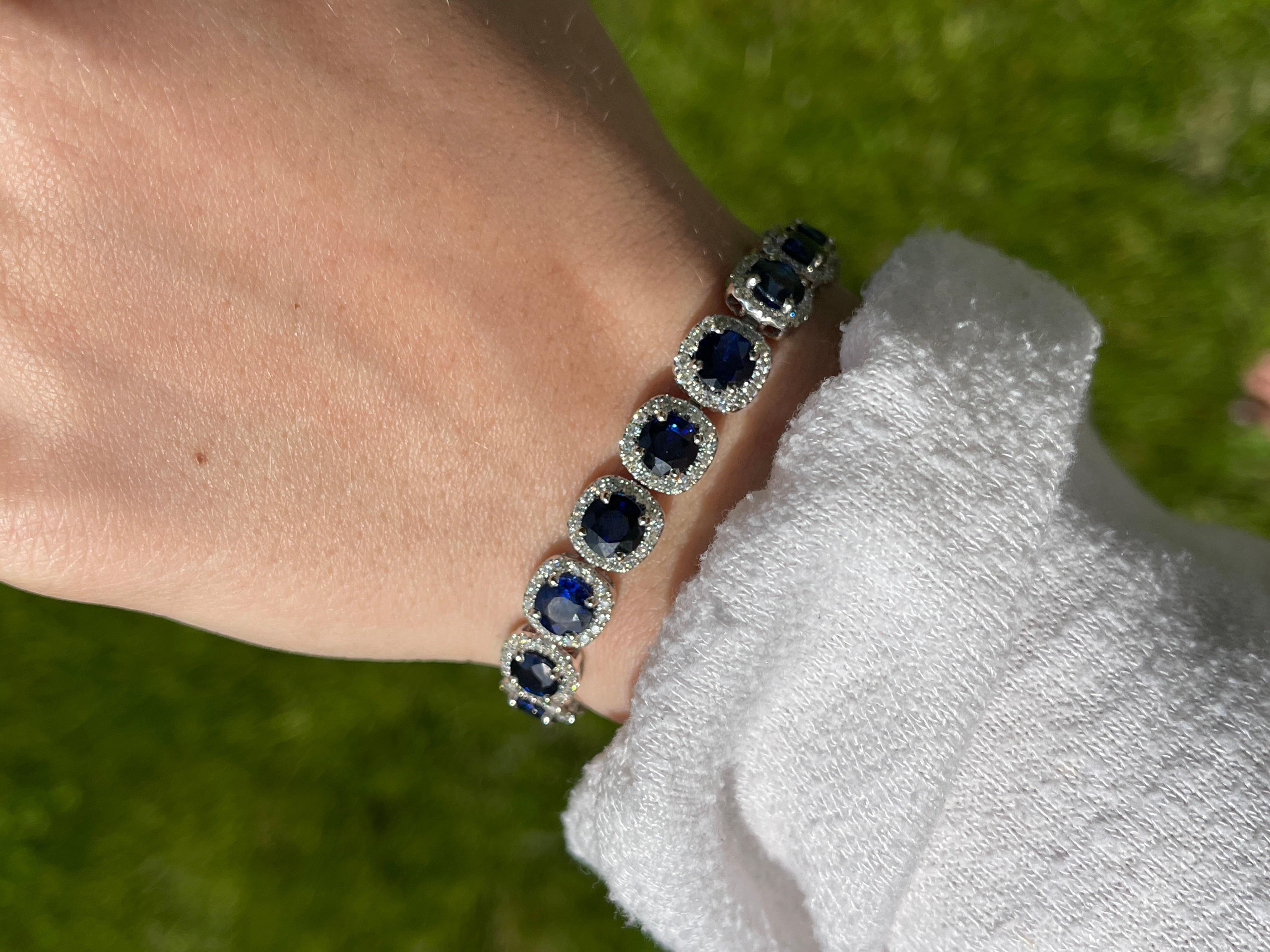 Tennis Bracelet | 23 cts of Round Faceted Blue Sapphires w Natural Diamond Halos For Sale 1