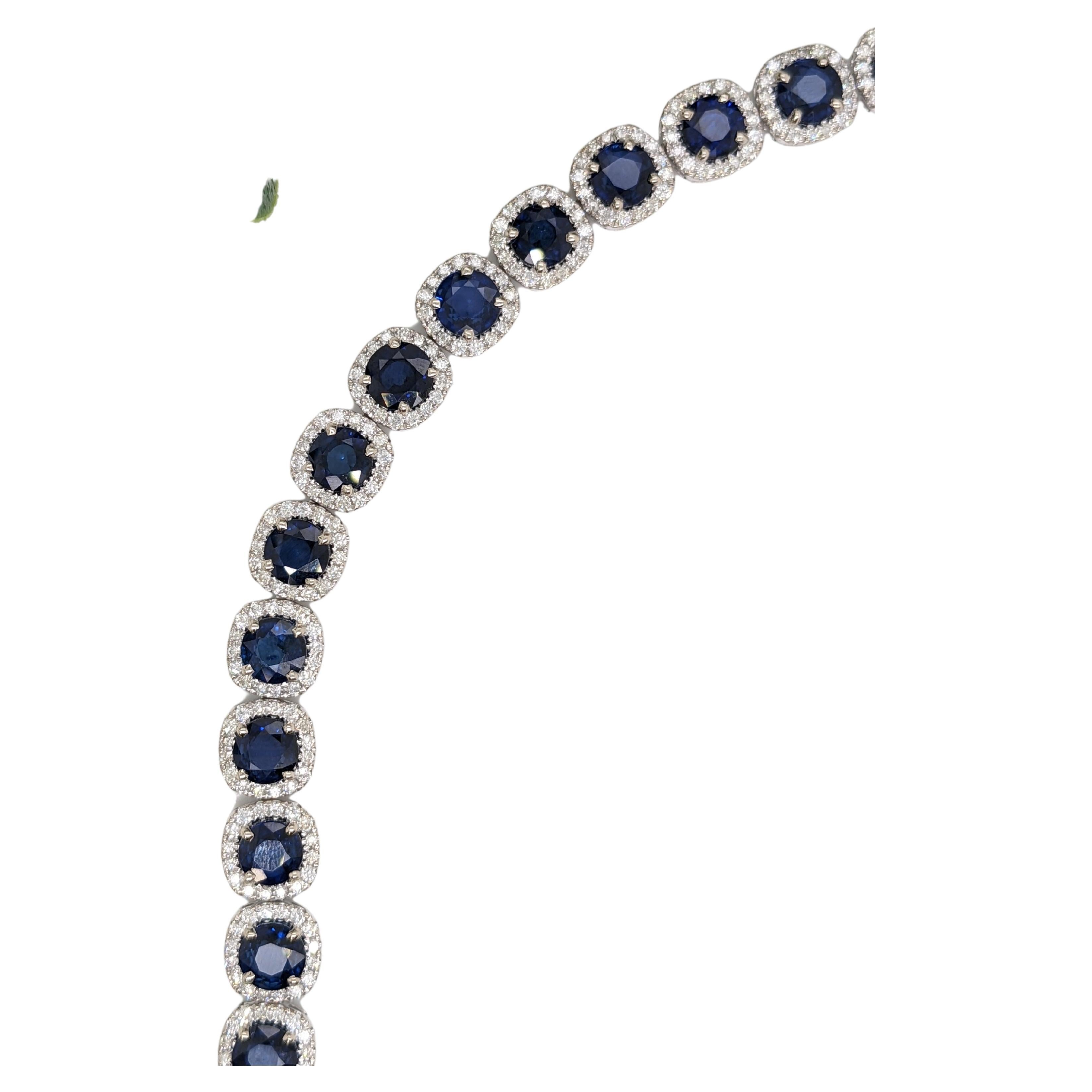 Tennis Bracelet | 23 cts of Round Faceted Blue Sapphires w Natural Diamond Halos